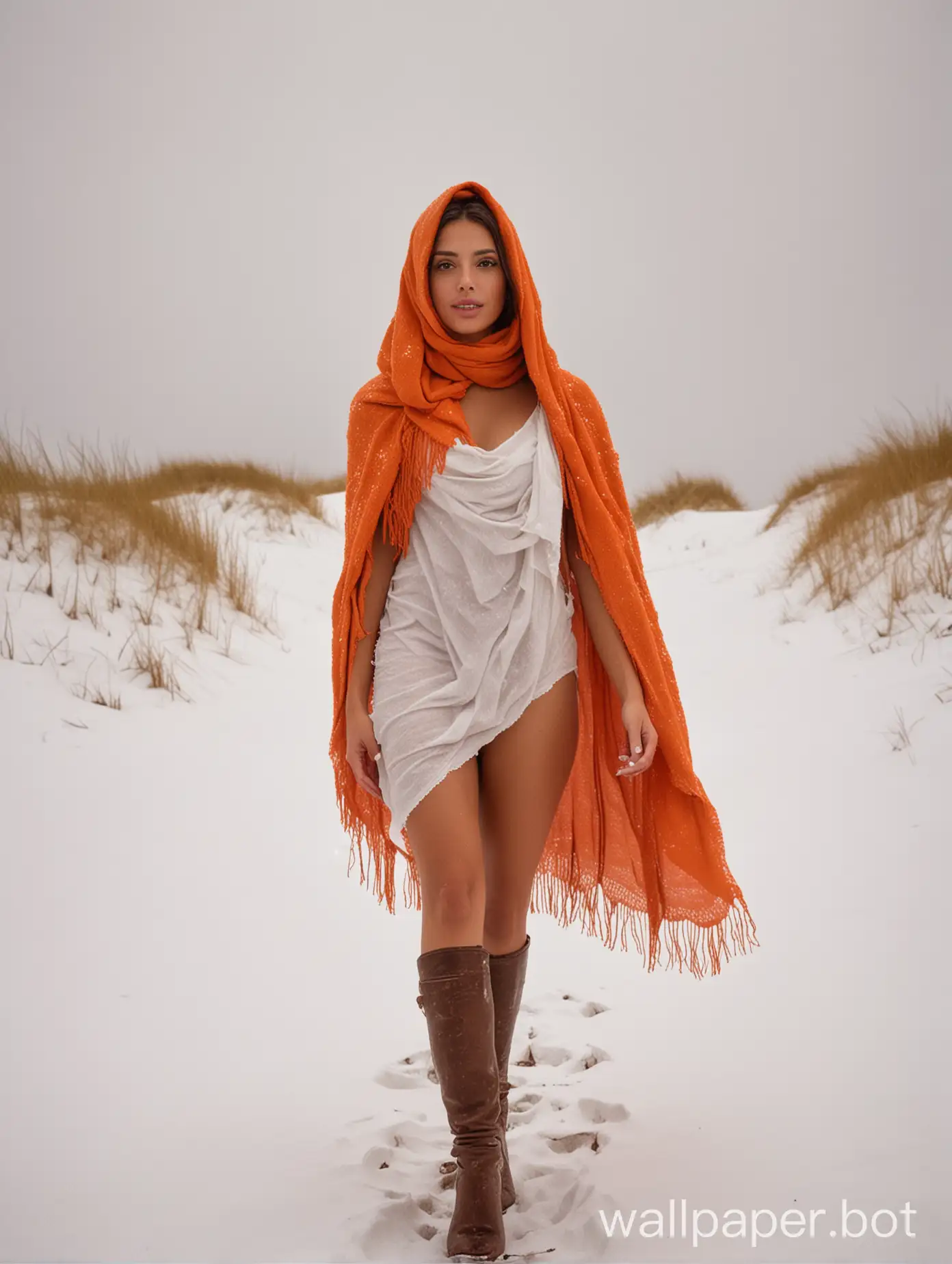 Brazilian girl full body nude wearing a white face cloth covering nose and mouth and weather-worn orange shawl over her head and strapped high heels with background of vibrant winter snow dunes