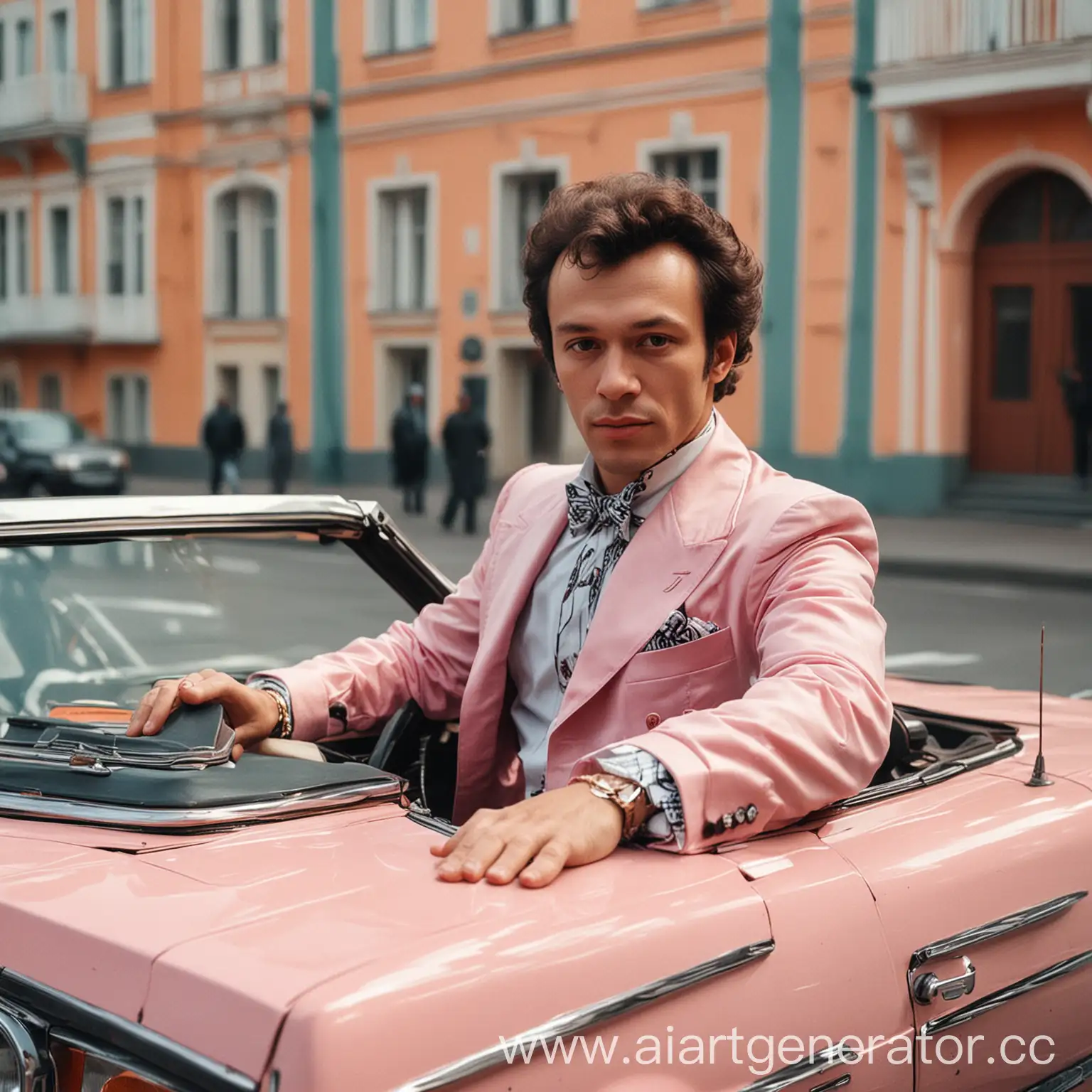 Александр Сергеевич Пушкин, одетый в стиле Майями восьмидесятых годов едет по Санкт-Петербургу.