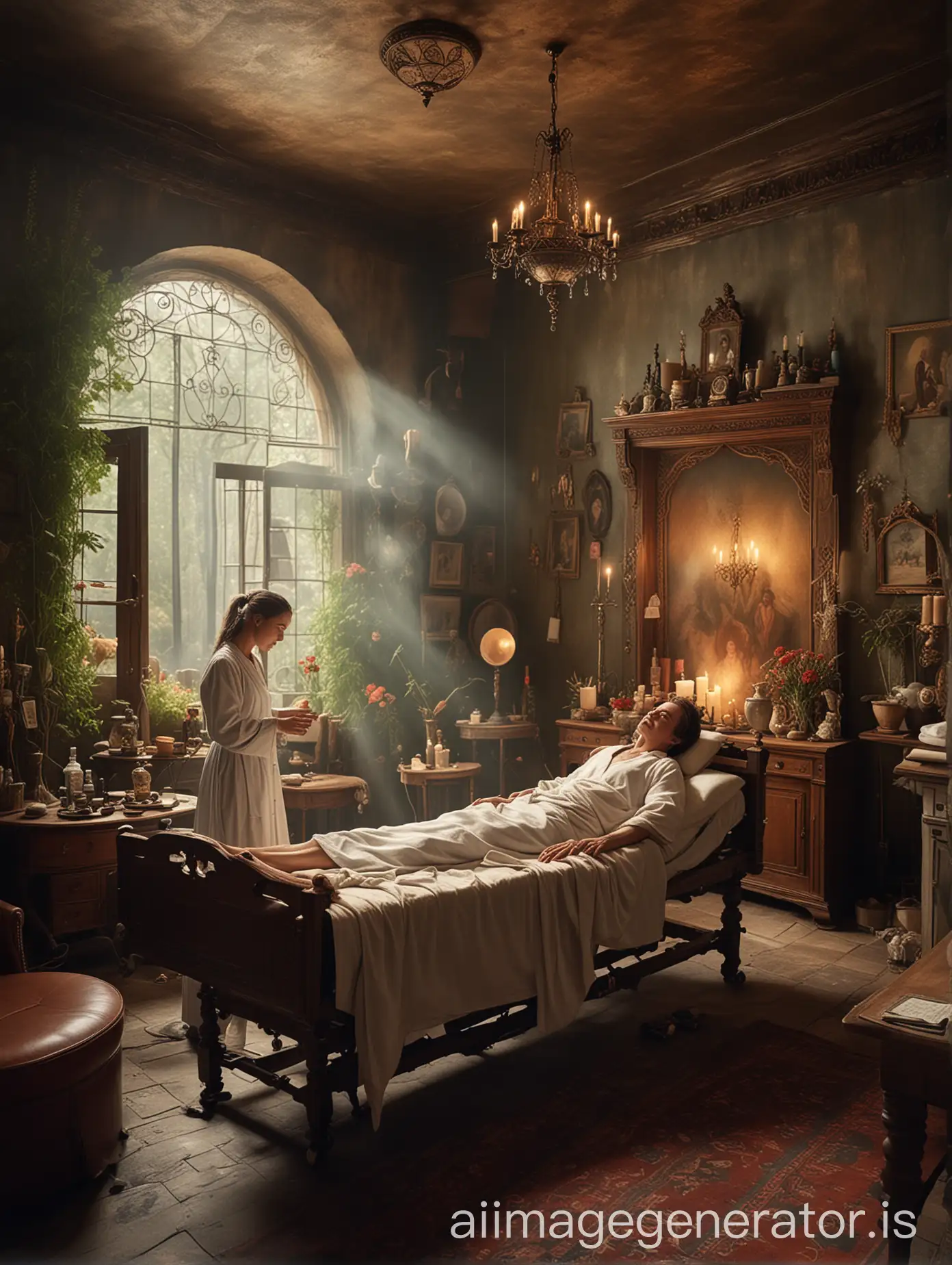 A healer treating patients, in a marvelous room full of patients of the fantasy world