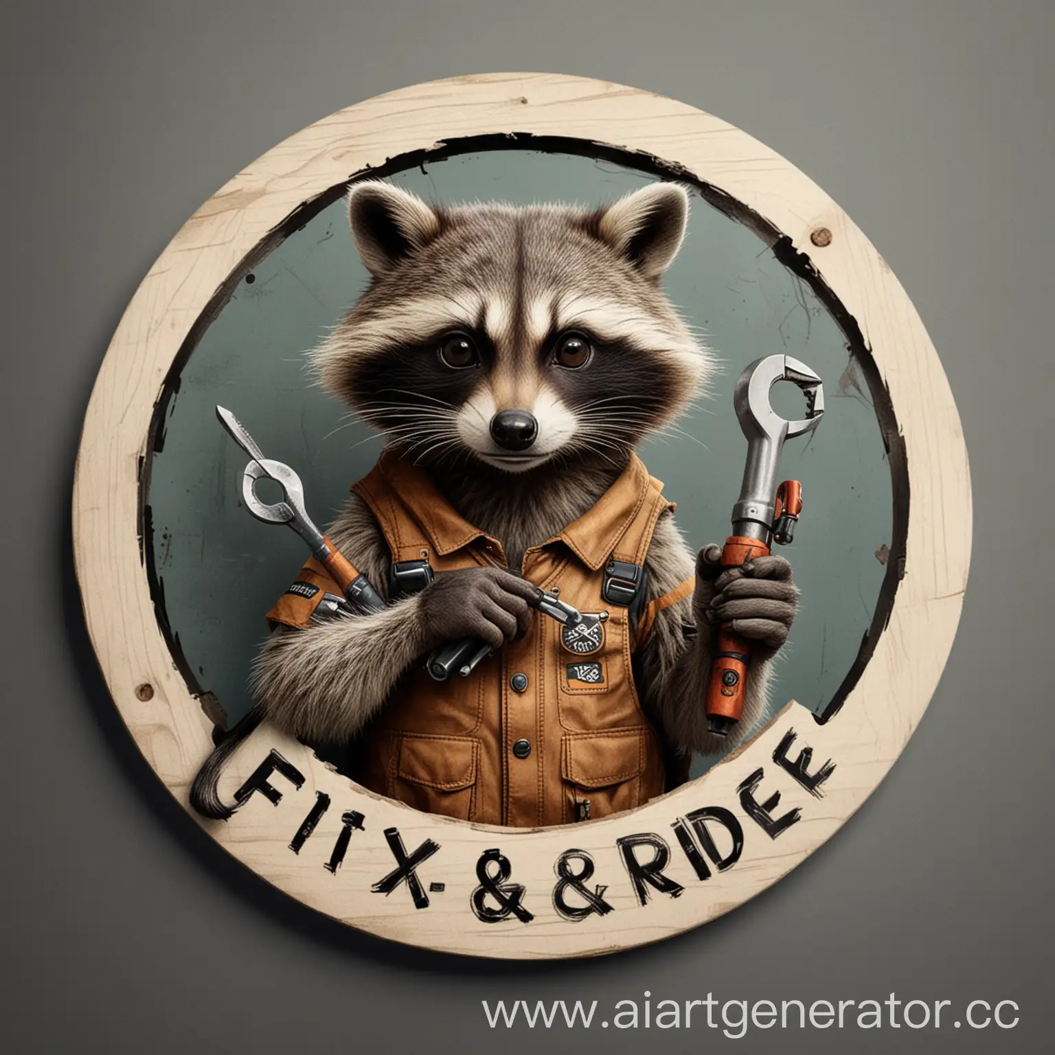 Pensive-Raccoon-with-Wrench-and-Screwdriver-in-Round-Logo-Fix-and-Ride-Emblem