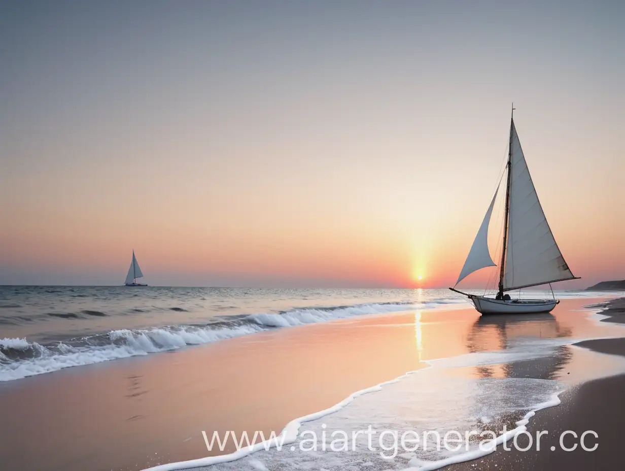 Sea beach at sunset, white sail in the distance