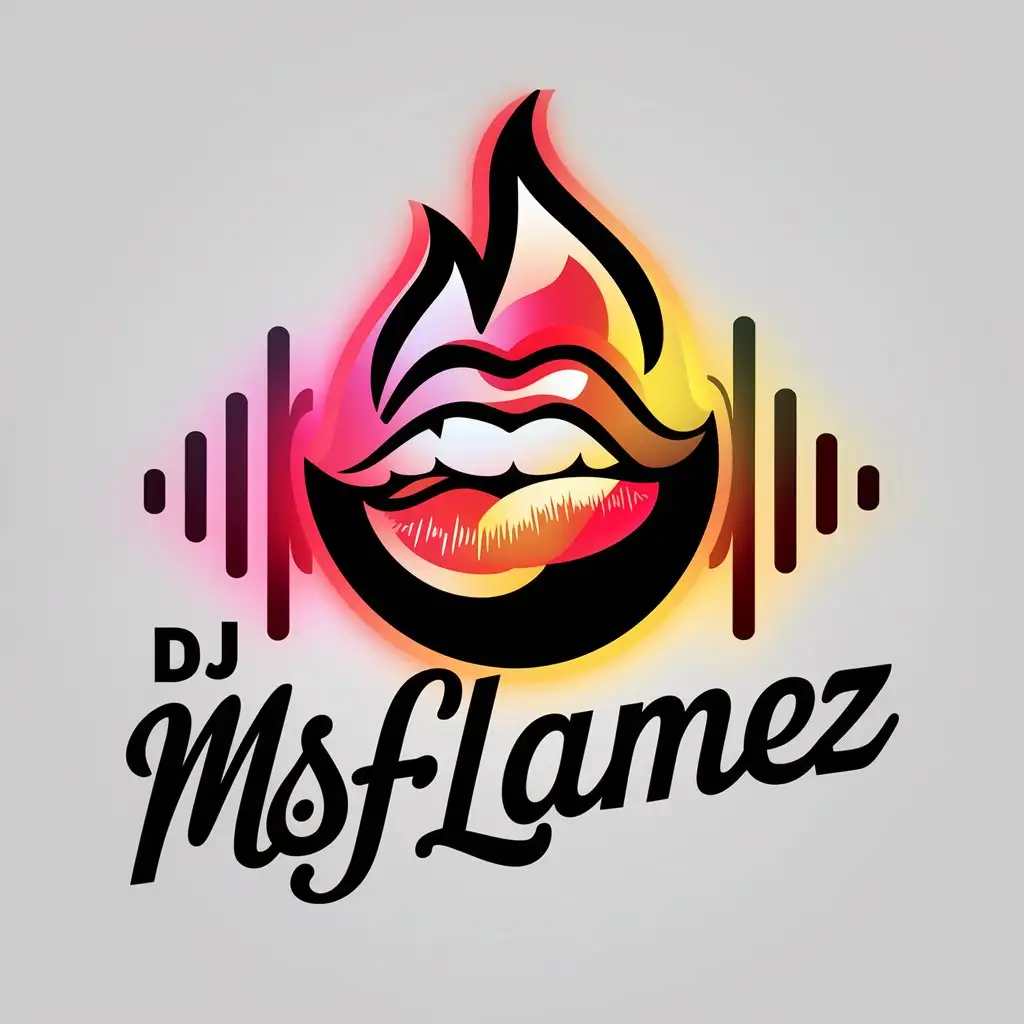 a logo design,with the text "DJ MsFlamez", main symbol:a logo design,with the text 'DJ MsFlamez', main symbol:Black outline,glow, Pink, red, yellow, orange, MsFlamez like a lip bite, sexy, soundwaves, MsFlamez in cursive, soundwaves, fire,Moderate,clear background,complex,clear background