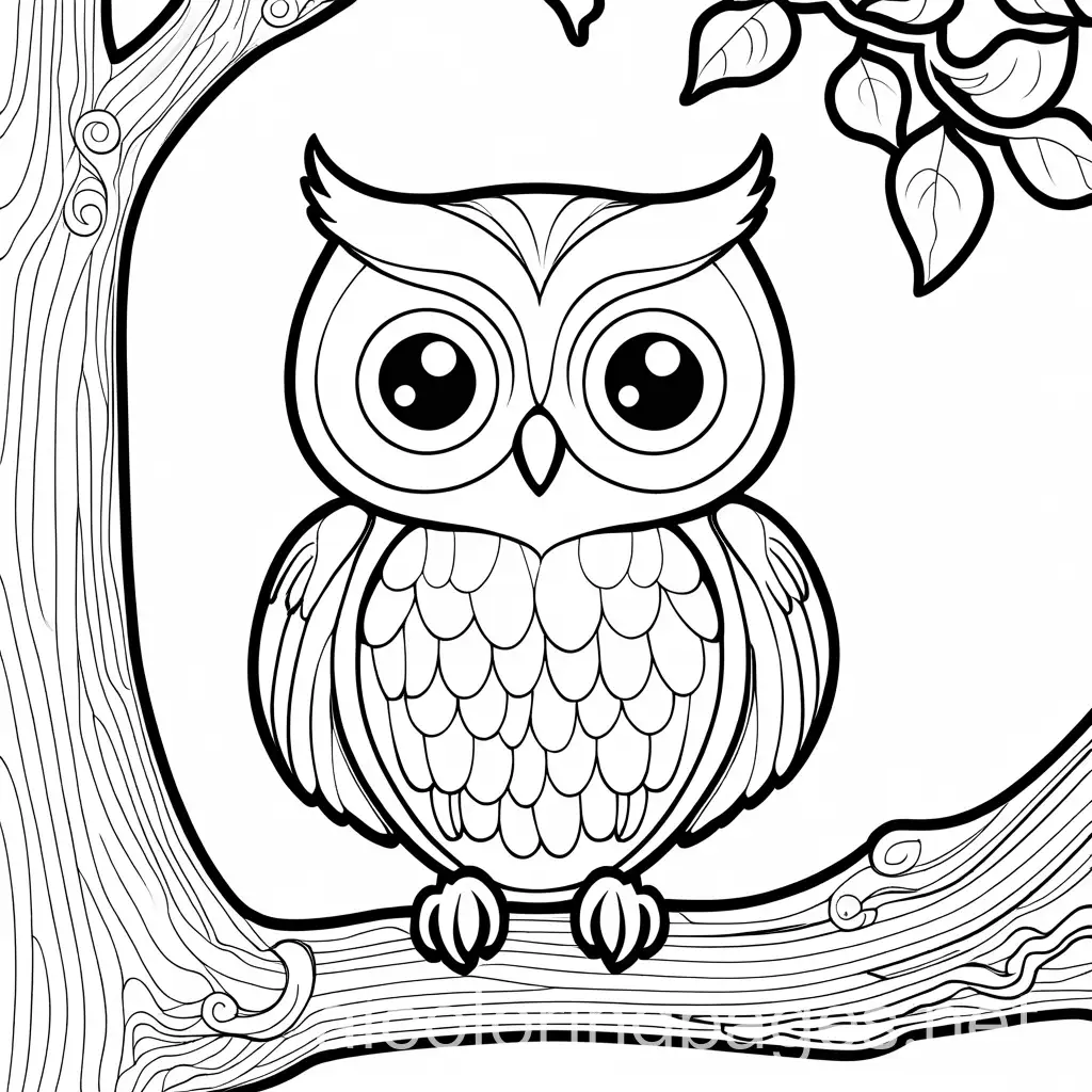owl in a tree with big eyes at night , Coloring Page, black and white, line art, white background, Simplicity, Ample White Space. The background of the coloring page is plain white to make it easy for young children to color within the lines. The outlines of all the subjects are easy to distinguish, making it simple for kids to color without too much difficulty