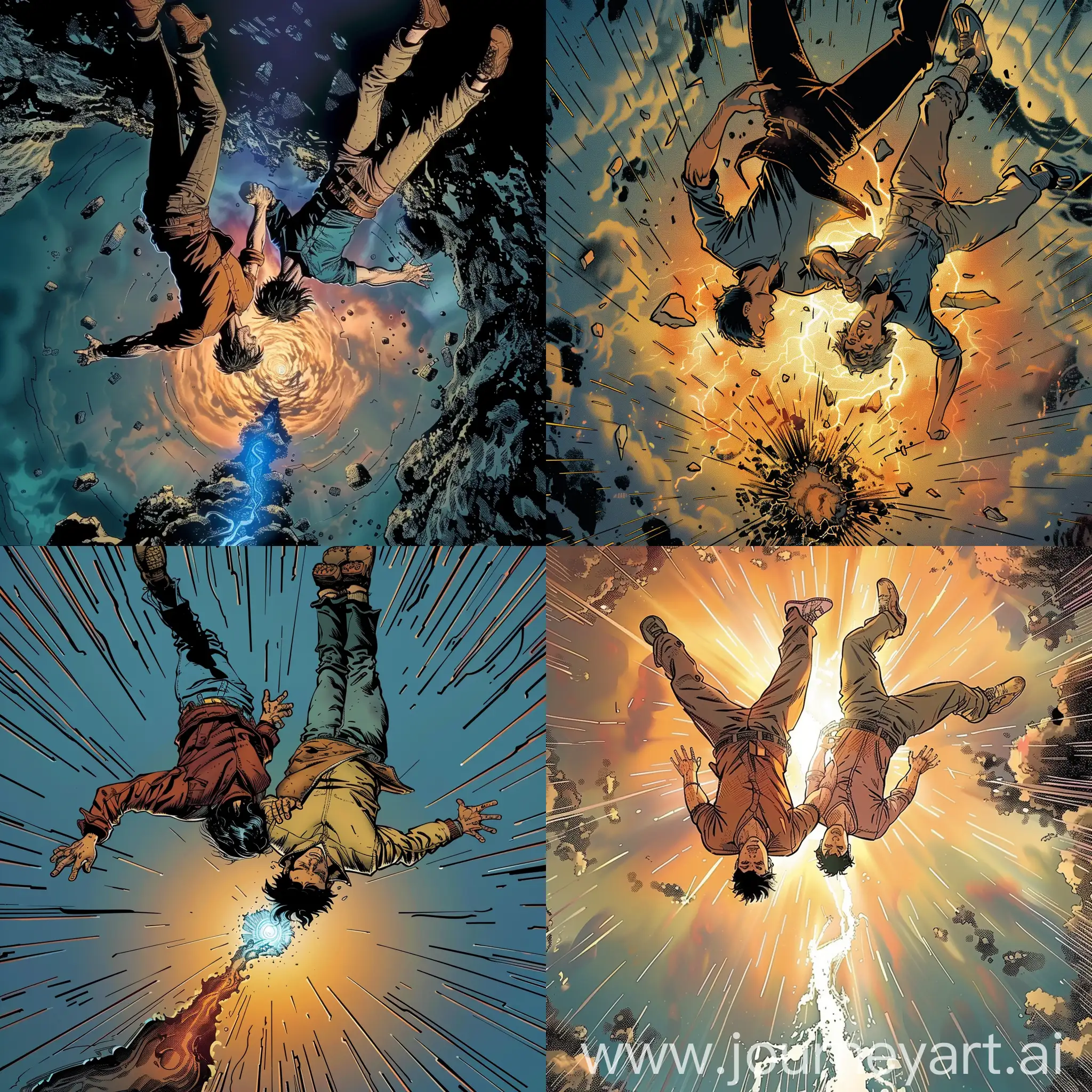 comic style, two guys fly upside down clutching each other, a rift in the time continuum occurs below