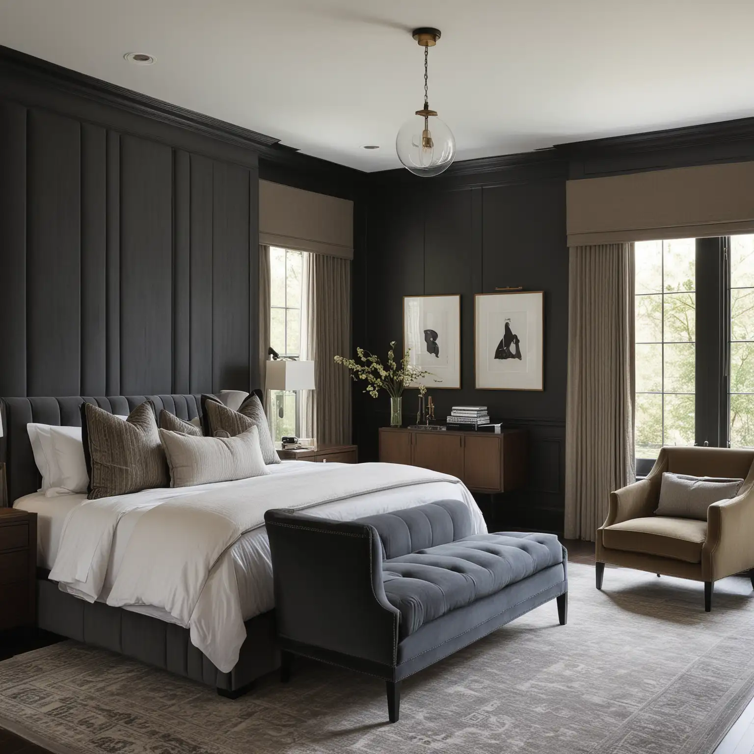primary bedroom with dark moody paneled walls and modern upholstered bed and chairs

