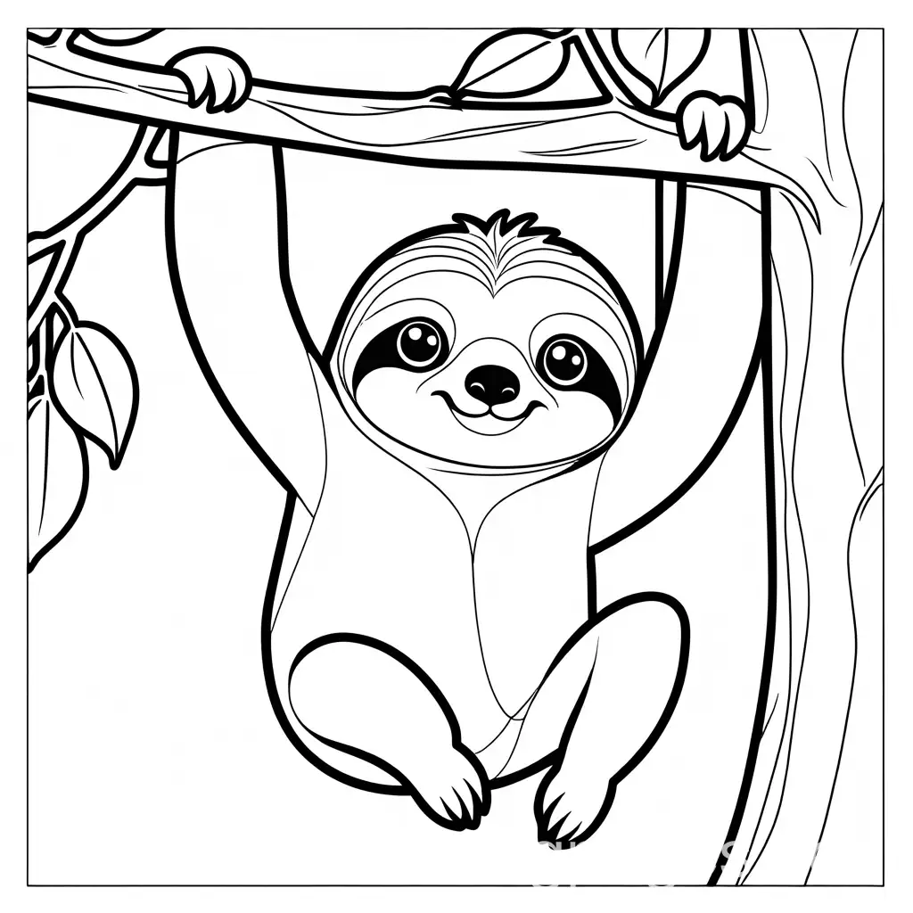 cute sloth hanging from a tree, Coloring Page, black and white, line art, white background, Simplicity, Ample White Space. The background of the coloring page is plain white to make it easy for young children to color within the lines. The outlines of all the subjects are easy to distinguish, making it simple for kids to color without too much difficulty
