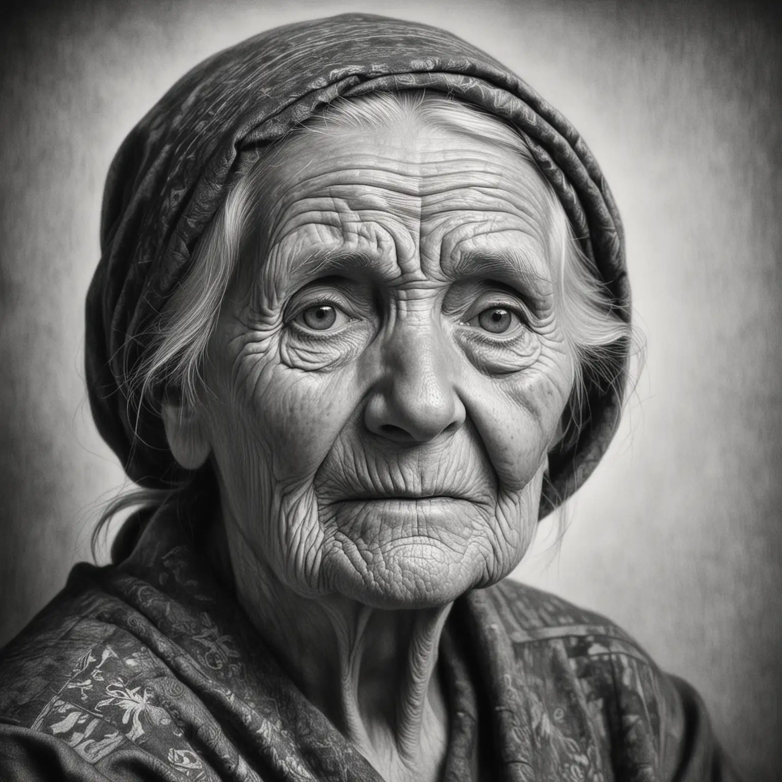 en svartvit blyertsteckning av en gammal kvinna
