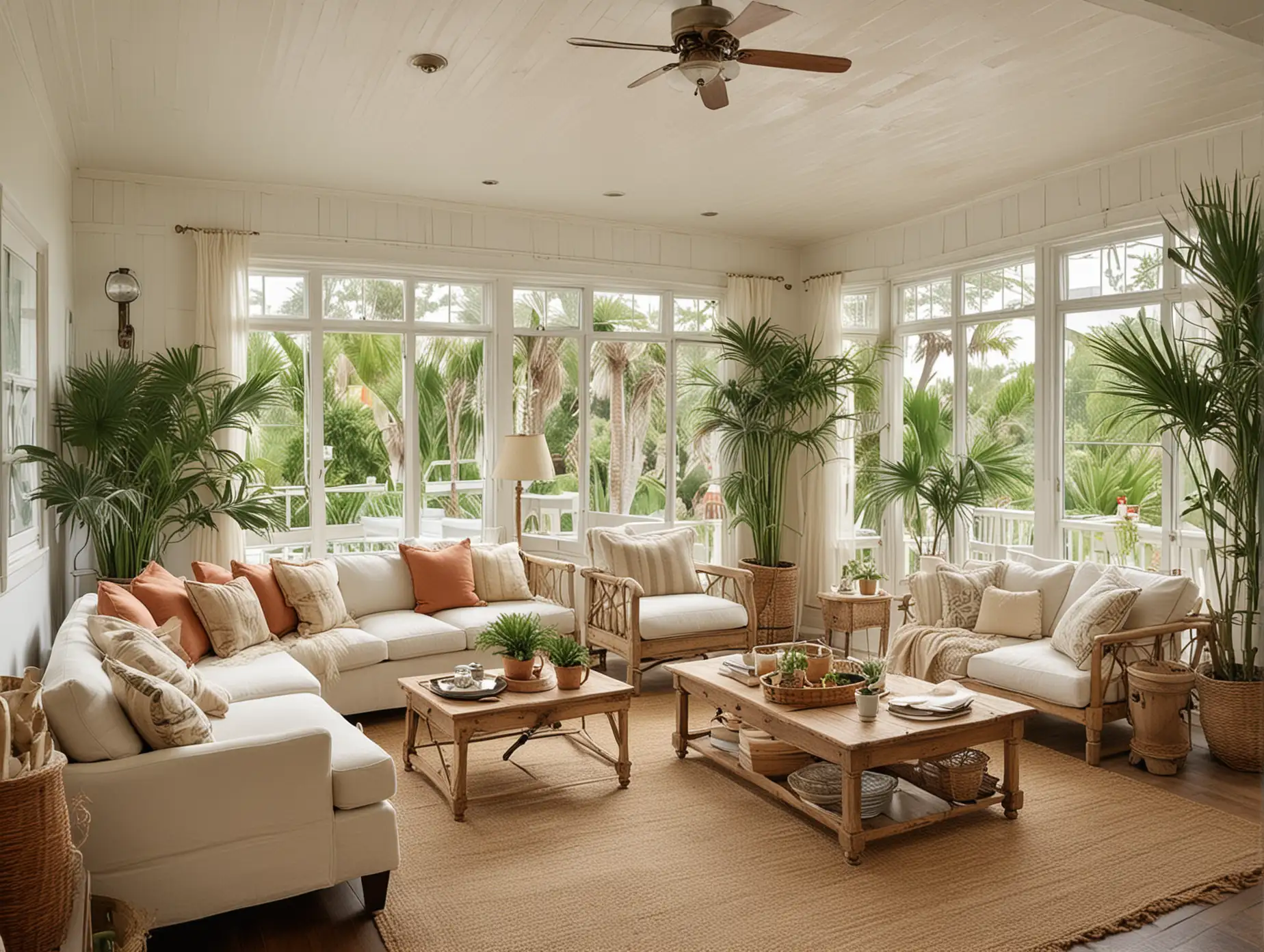 Vintage Sitting Room with Kitchen and Porch Views in a Large Space: Create a vintage-inspired sitting room in a large and spacious setting, with views into both a modern kitchen and a sunny porch. Use wooden furniture and farmhouse decor items like old clocks and credenza. The kitchen should have vintage cabinets and appliances, while the porch should feature potted palm trees and a thatched roof. Add house plants likespider plants and pampas grass indoors.