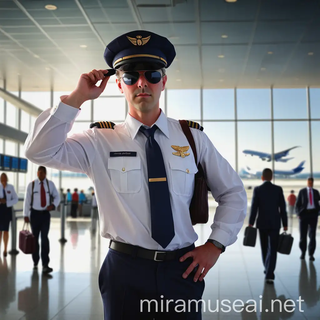 Pilot Standing Proudly with Cap at Airport Terminal