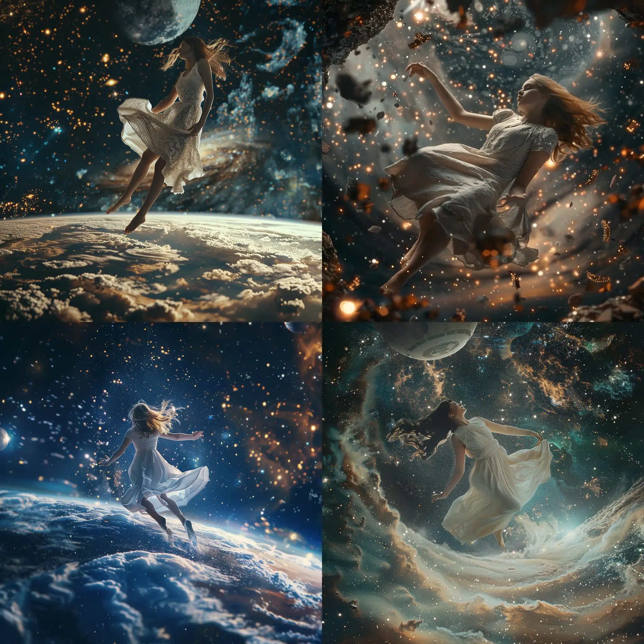 Фантастическая планета в стилистике фильма Звёздные войны, девушка в простом платье падает в  космическом пространстве, космический пейзаж, 8k, плёночная фотография, ультодетализация, рассеяние света, резкий фокус, высокая детализация 