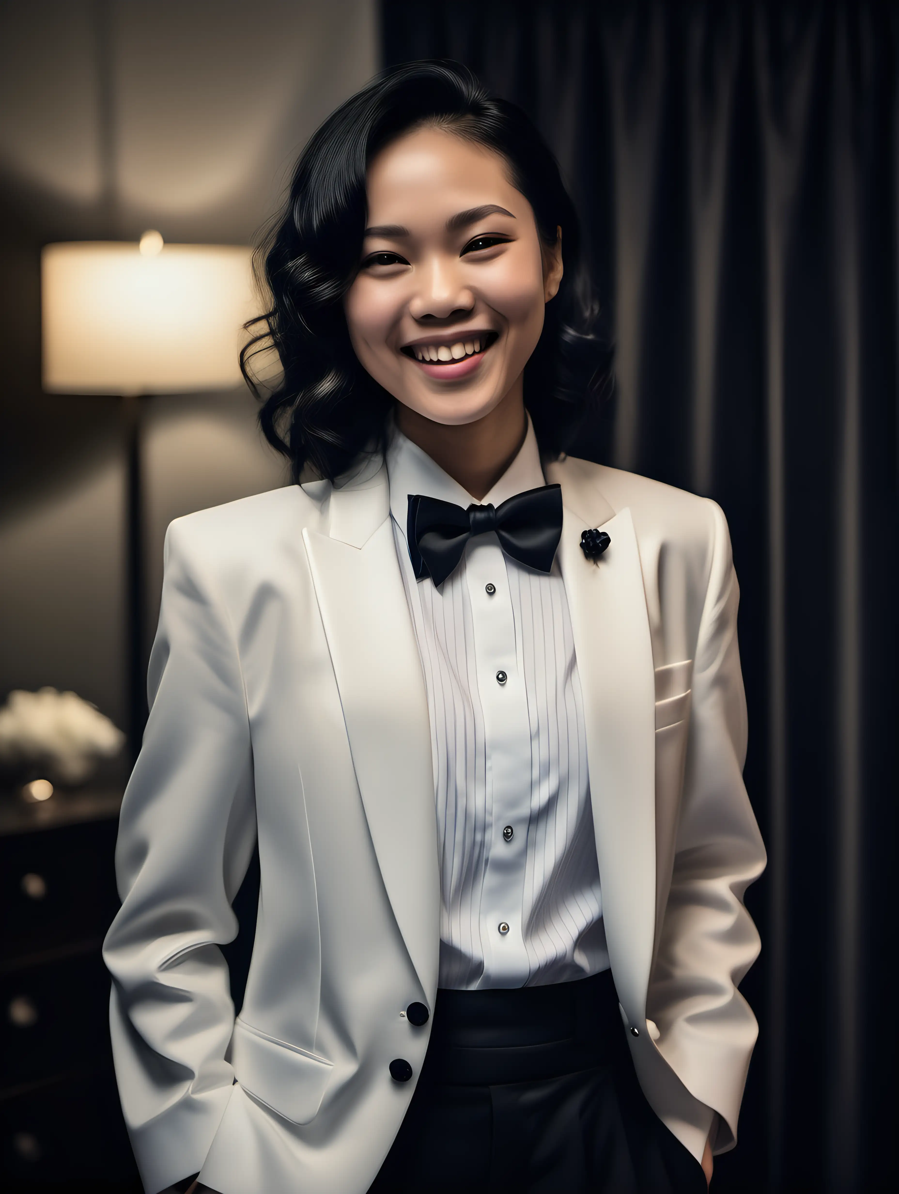 Smiling and laughing light skin Chinese woman with shoulder length black hair wearing a tuxedo with a black bow tie is standing in a room at night.  Her shirt has double french cuffs.  She has cufflinks.