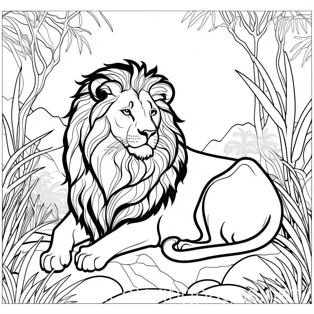 A lion sitting on a jungle taking nap color page, Coloring Page, black and white, line art, white background, Simplicity, Ample White Space. The background of the coloring page is plain white to make it easy for young children to color within the lines. The outlines of all the subjects are easy to distinguish, making it simple for kids to color without too much difficulty