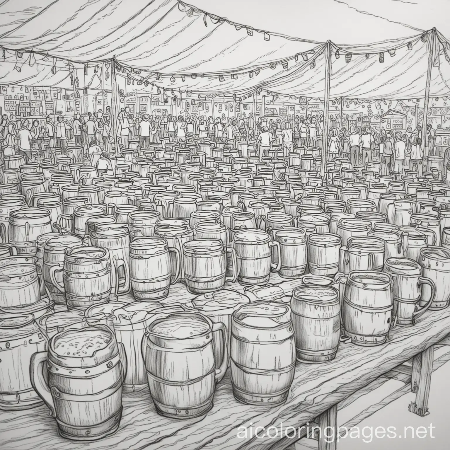 Make a coloring page of a Beer Festival Scene:

Background: A bustling outdoor beer festival with rows of colorful tents and tables. Imagine a sunny day with people of different ages and backgrounds enjoying themselves.
Main Illustration: Various beer mugs and glasses filled with different types of beer—pale ales, stouts, lagers, etc. Some mugs have foam overflowing, adding a dynamic feel.
Foreground: Include beer barrels, pretzels, and beer taps. People are laughing, toasting, and holding up their mugs in cheers., Coloring Page, black and white, line art, white background, Simplicity, Ample White Space. The background of the coloring page is plain white to make it easy for young children to color within the lines. The outlines of all the subjects are easy to distinguish, making it simple for kids to color without too much difficulty