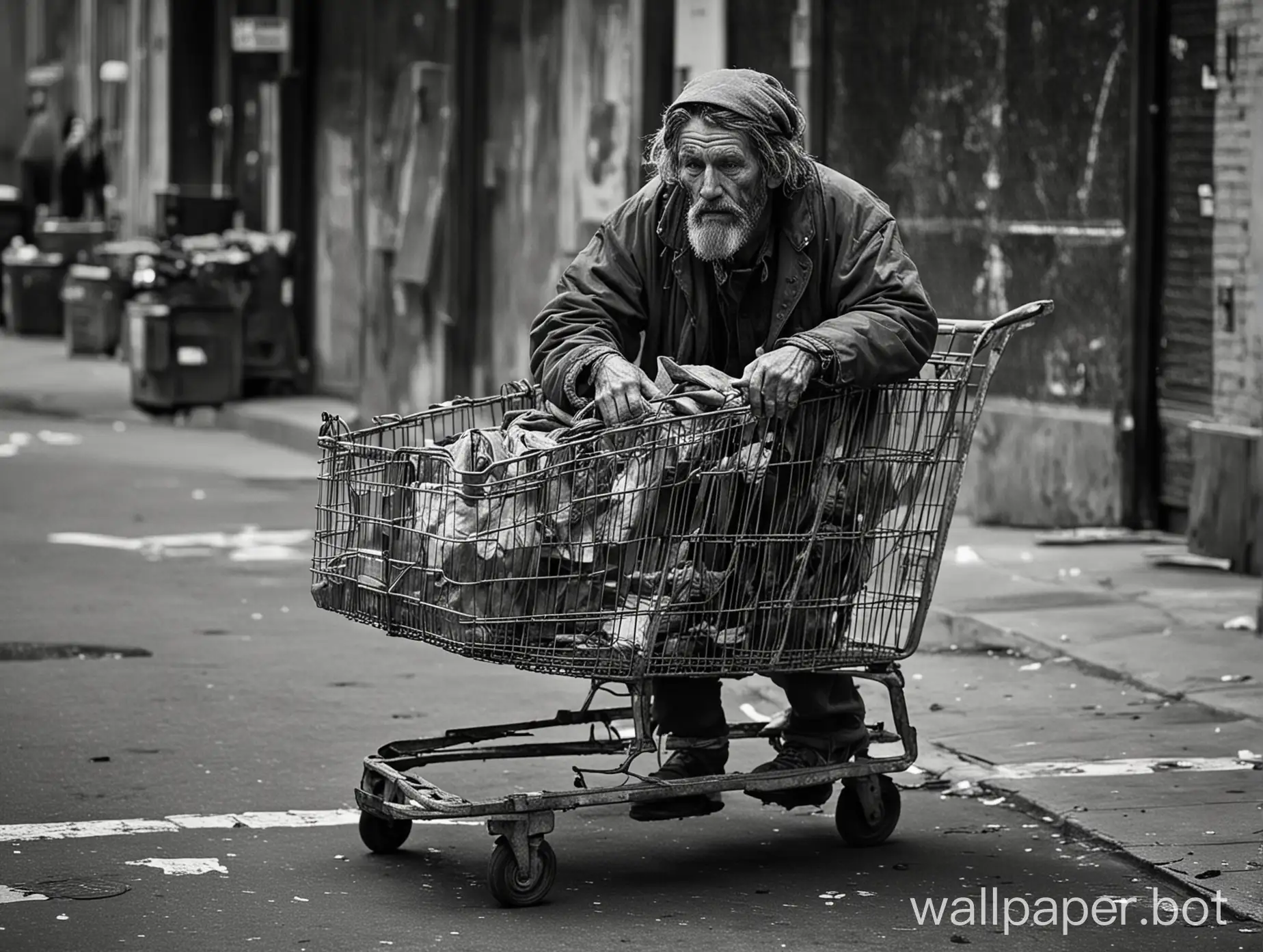 A bedraggled homeless person in the streets of New York City wheeling his limited belongings in a battered old shopping cart. He exudes a feeling of hopelessness.