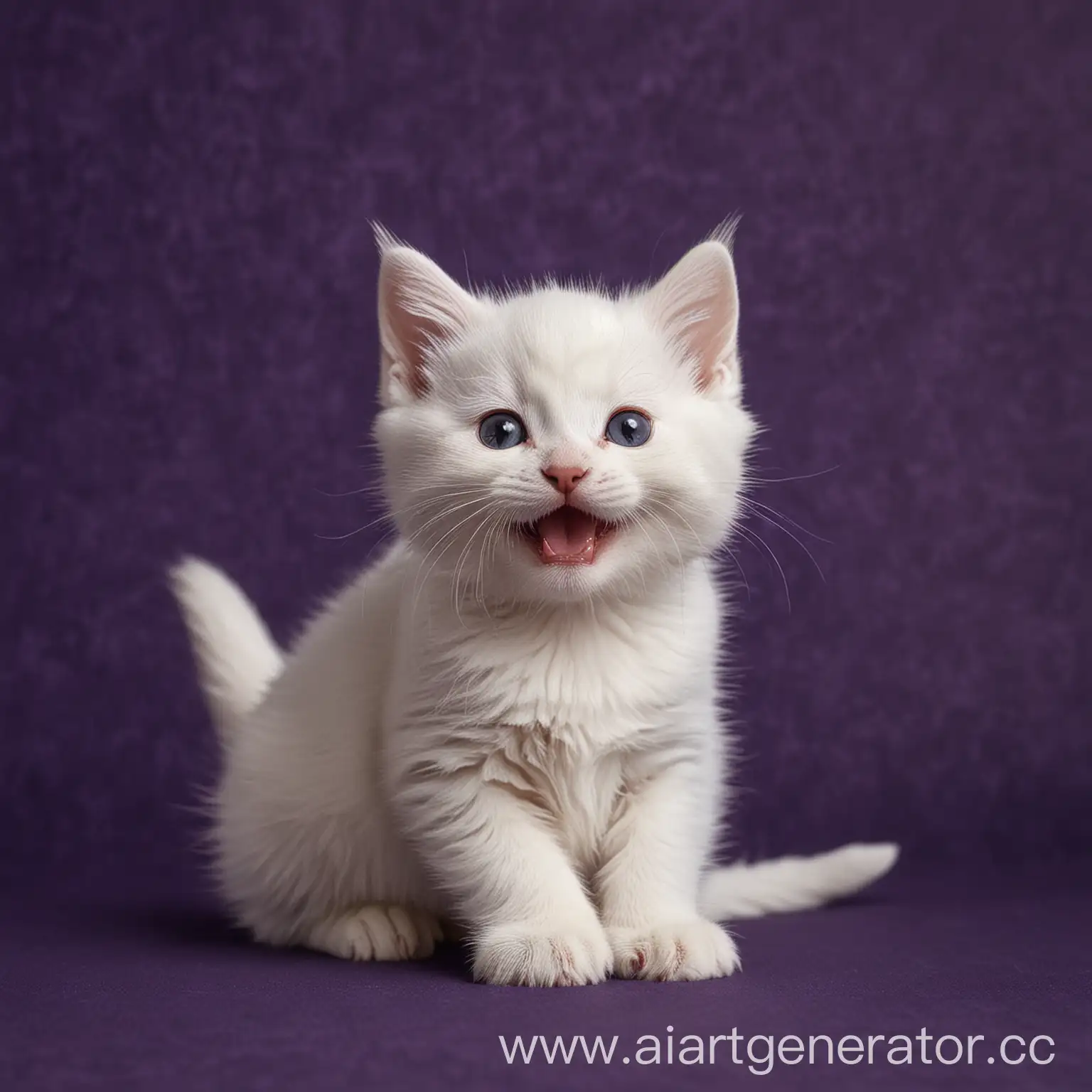 белый котенок улыбается на темнофиолетовом фоне 