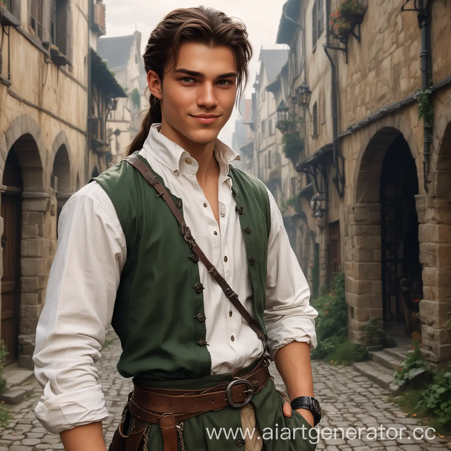 A 17-year-old guy with dark hair gathered in a lower ponytail, dressed in a white shirt, dark pants and high boots, green-brown eyes, a smug smile on his face, a watch on a chain in his hands (this is a character for DND in the setting of the medieval fantasy of Europe)