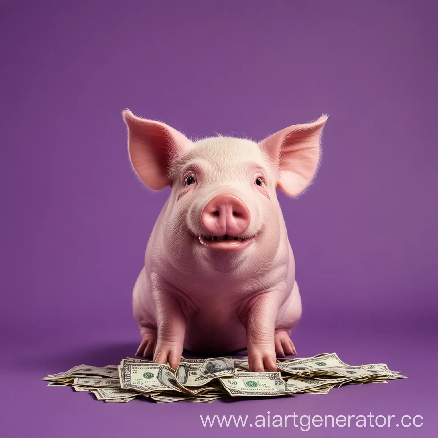 денежная свинка с долларами на фиолетовом фоне, которая ест деньги веселая