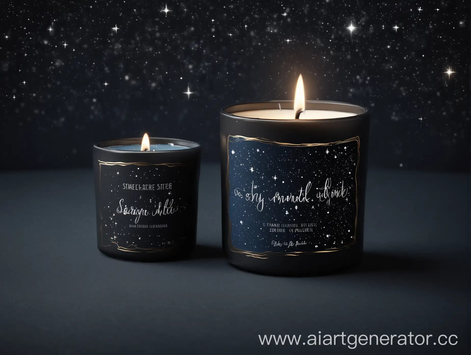 Scenario: Candle label mockup for salestarry sky or galaxy, or comet. The label color itself is black or dark blue. The inscription on the label "Soy candle" and "A little magic in your life"