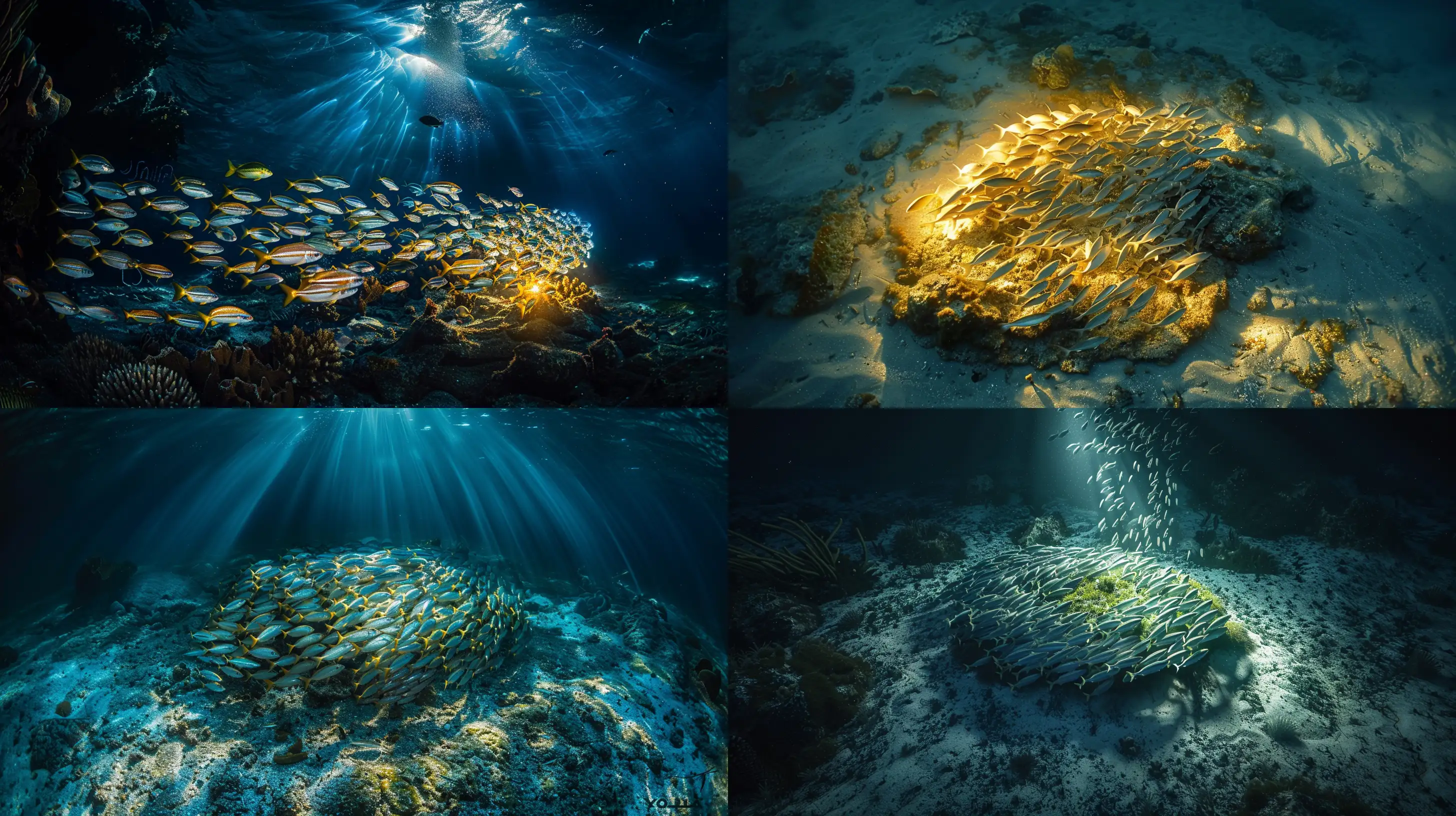 national geographic photo of a shoal of fish form the phrase [no garbage] as they swim along the bottom of the sea, the light penetrates the water and magically illuminates the scene --ar 16:9 --style raw