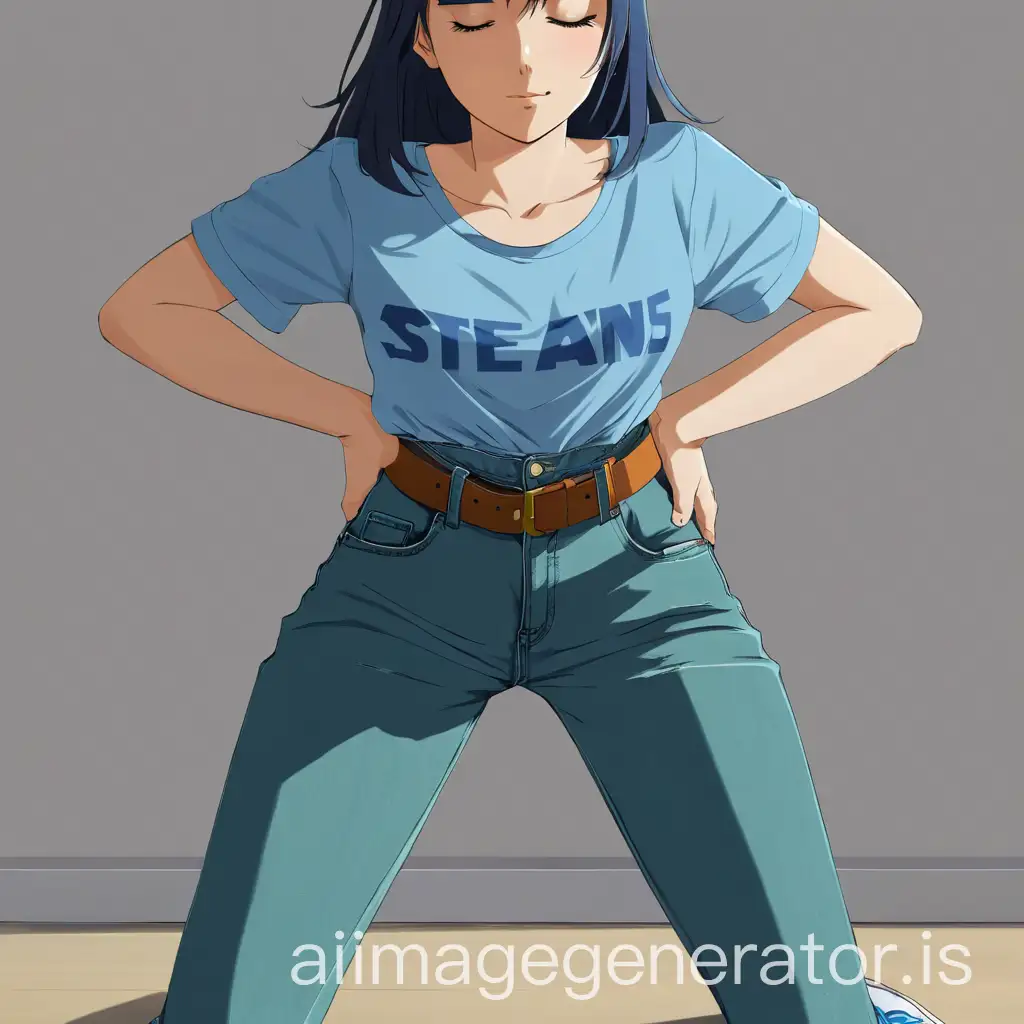 2D Anime style The blue and green hair girl sleeping on the floor wearing high waisted long jeans wear a belt and t-shirt full body back view