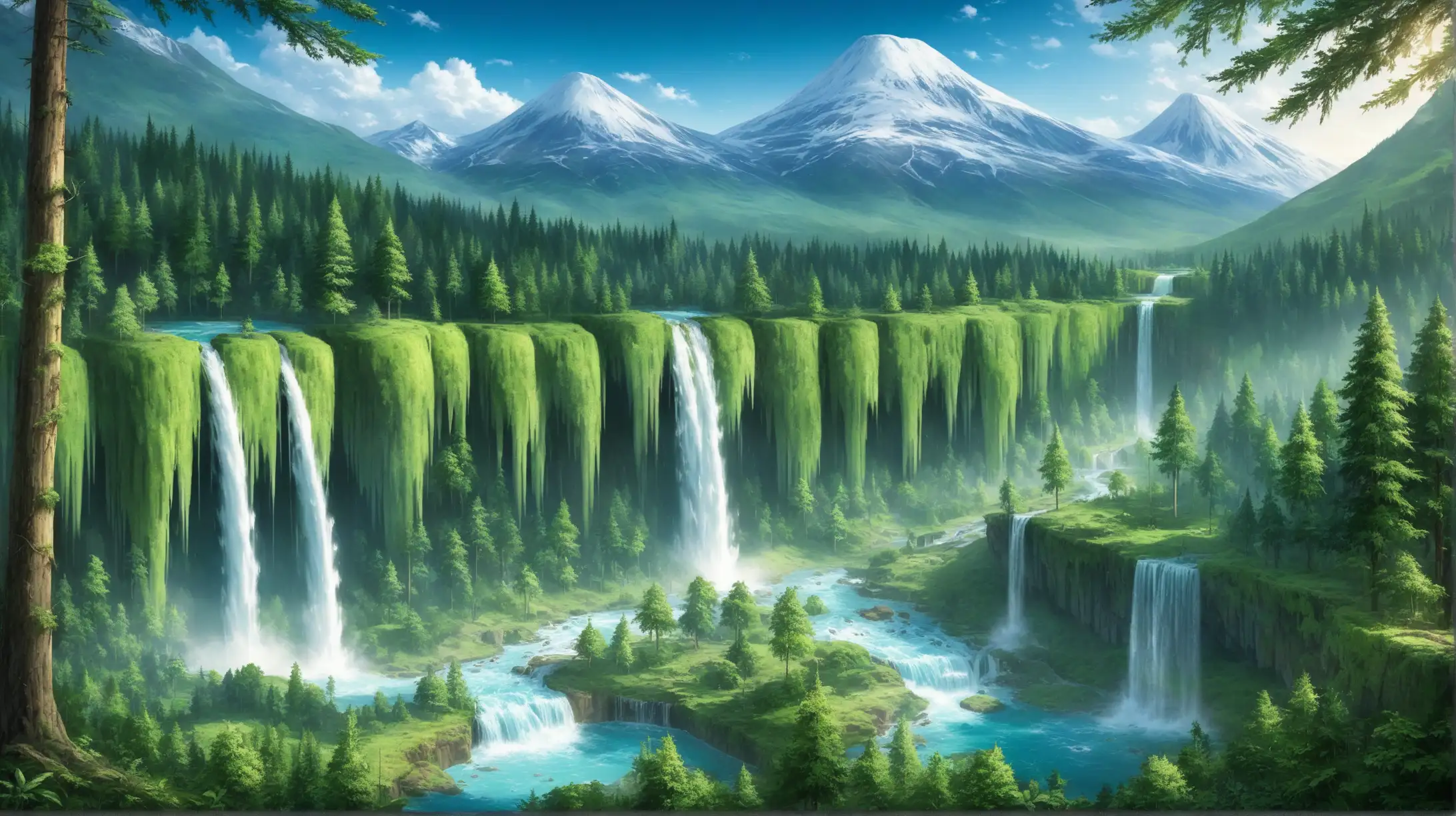 Forest, mountain, waterfalls 
