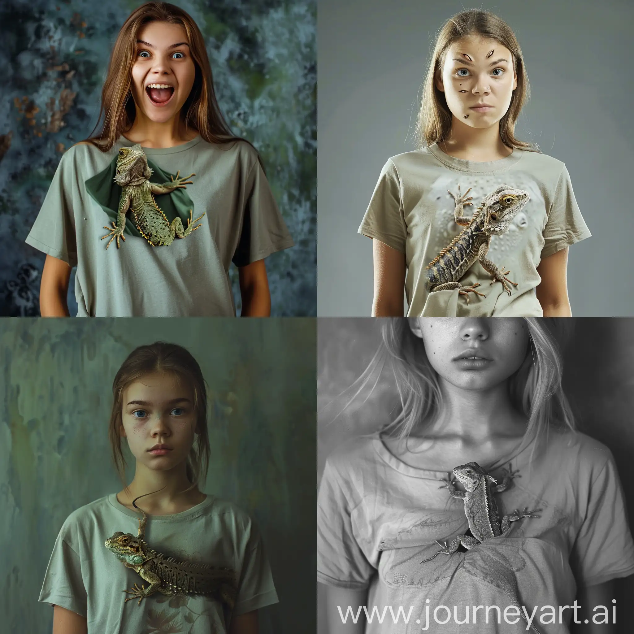 Attractive-Girl-with-Lizard-Crawling-Inside-TShirt