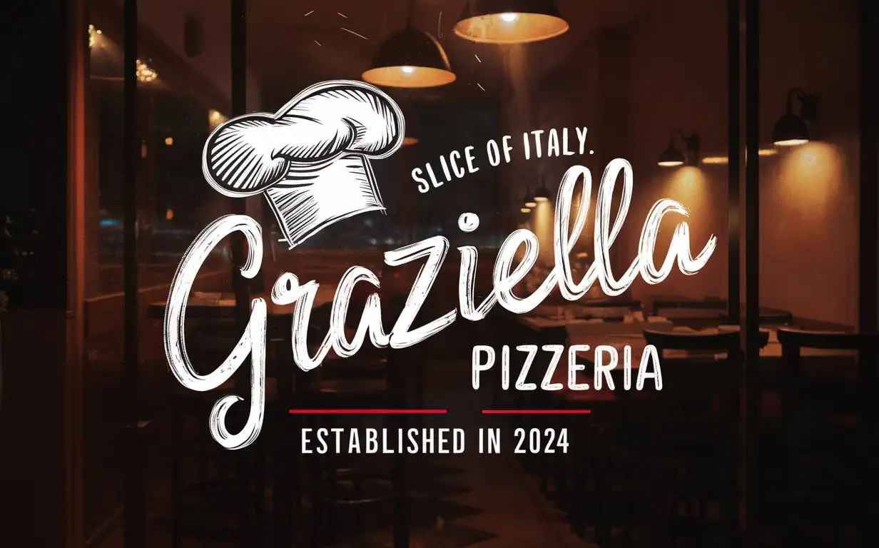 Handwriting Graziella Pizzeria logo, Italian colors ,Sketched chef's Hat, Slogan, Slice of Italy, EST 2024, Cozy restaurant atmosphere, Night, Chilling, Warm, Dim light,