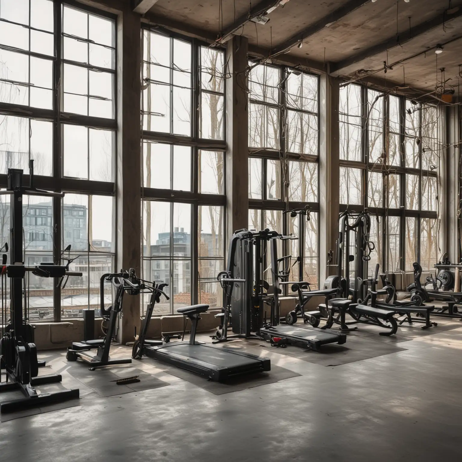 Luxury Fitness Gym with Workout Equipment and Building Windows