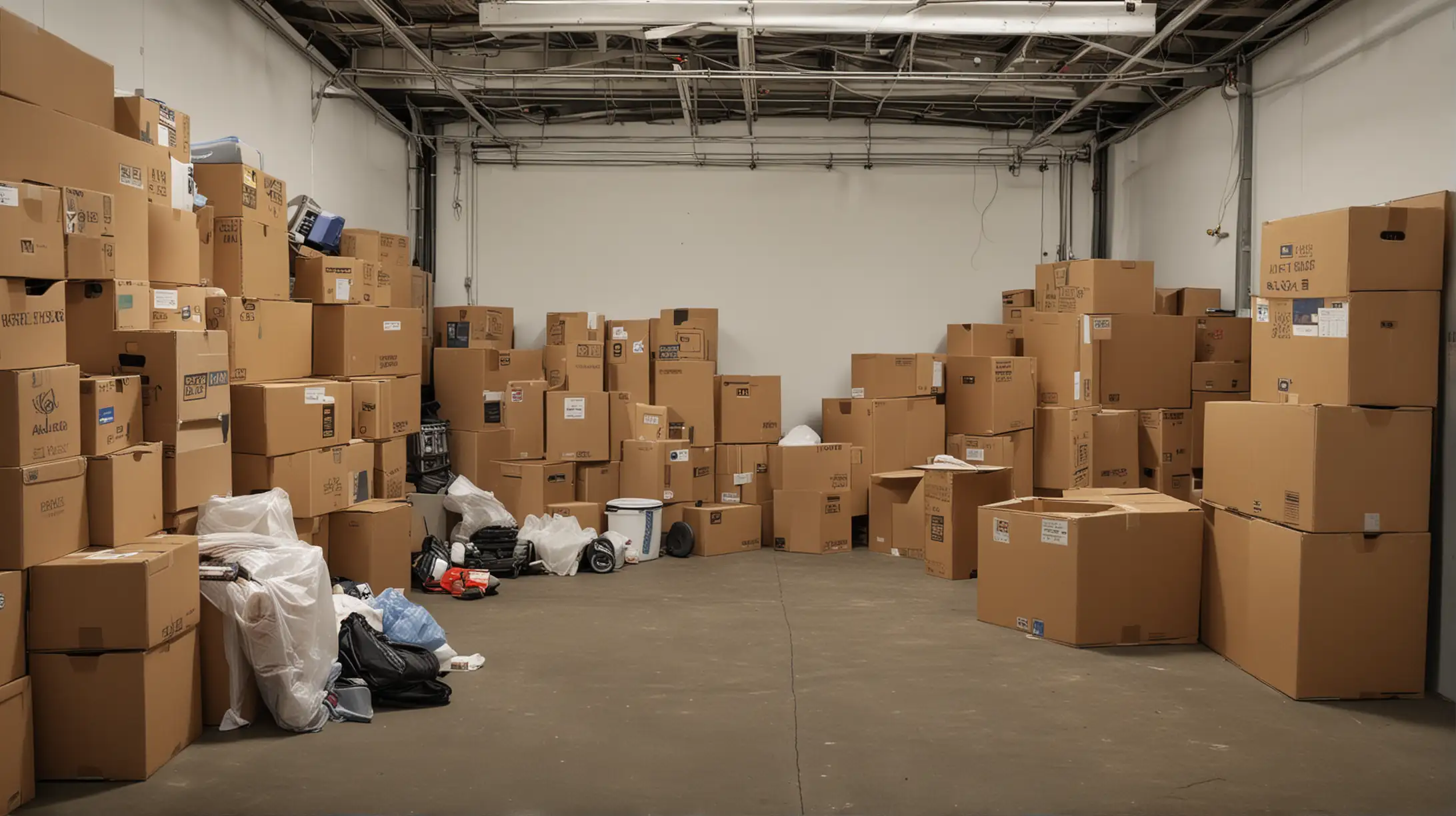 Create a high-quality photograph of a storage unit in the process of being cleaned out by Route Runners Junk Removal. The image should capture a wide variety of items including furniture, electronics, boxes, and household goods, neatly arranged into different sections for disposal, donation, and recycling. The scene should be set inside a typical storage facility, emphasizing the organized chaos of the sorting process. Use a DSLR camera with a 35mm lens to capture the full scope of the unit and the items in sharp detail, ensuring natural lighting illuminates the diverse textures and conditions of the items.