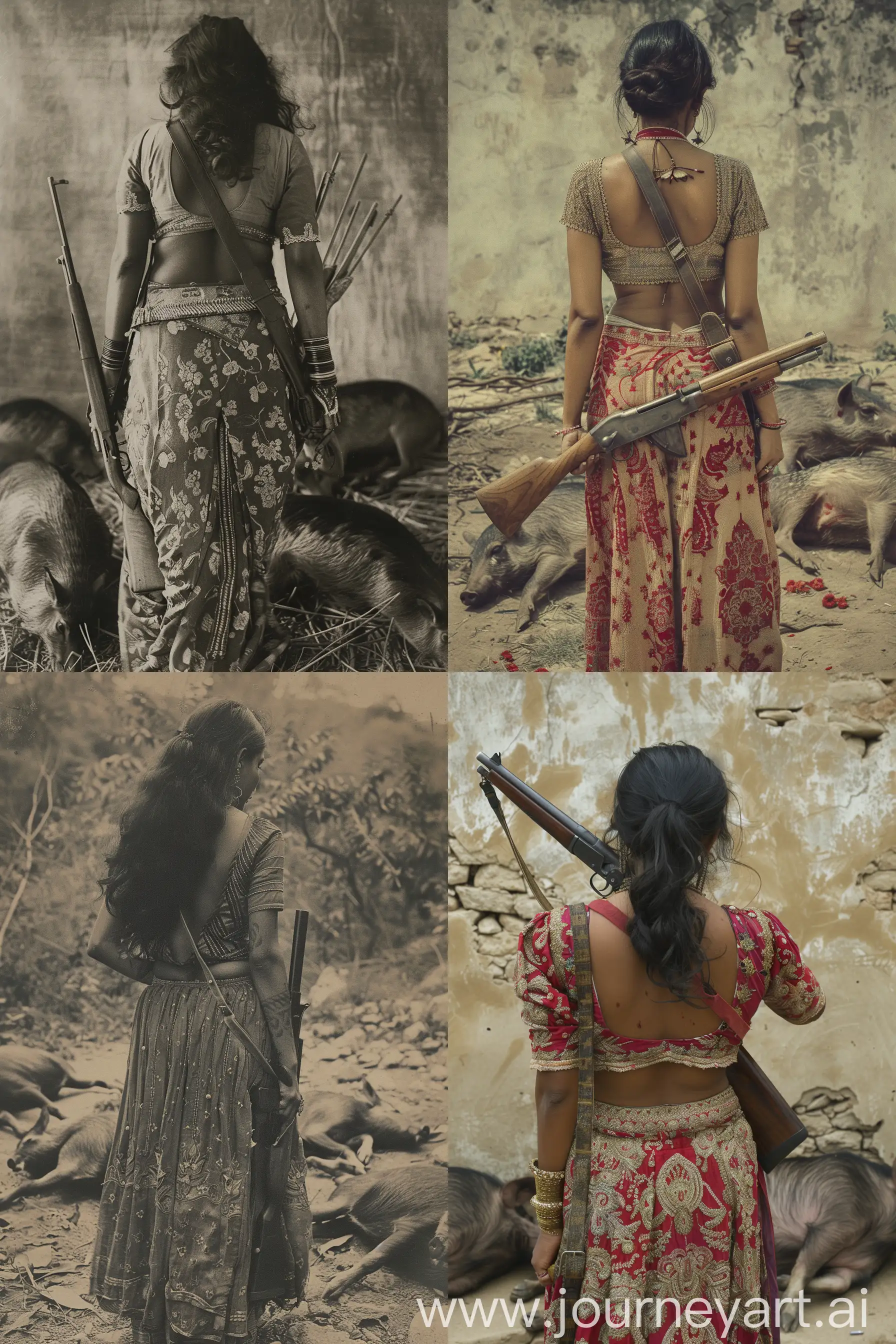 modern style photo a broad shouldered strong Indian Woman from back, wearing indian blouse with large open back, holding a rifle with her hand whose leather sling strap is at her back hanging diagonally, three dead boars she shot are lying orderly on the ground in front of her --ar 2:3 