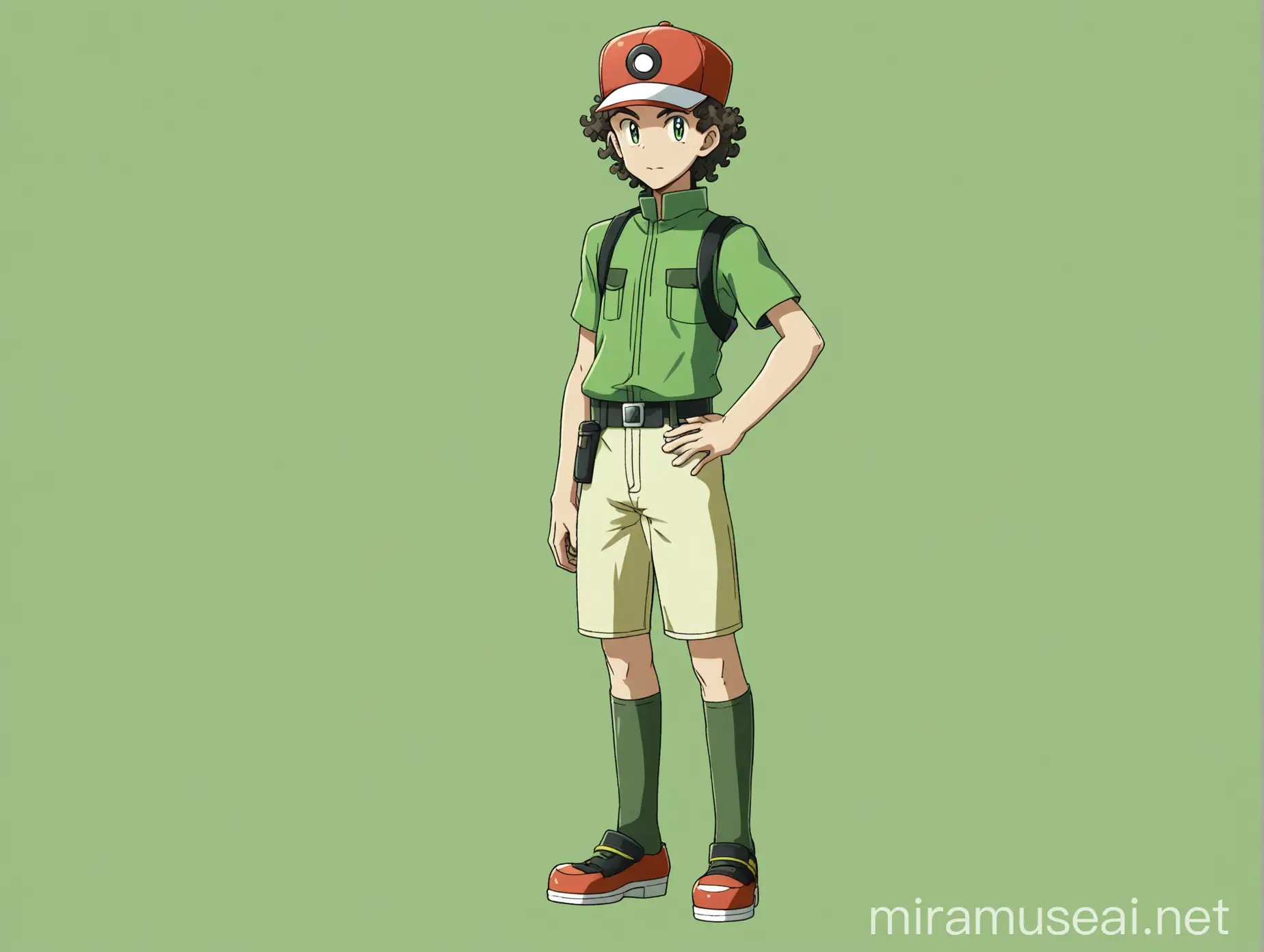 Un personnage blanc, grand, fin, cheveux bouclés, imberbe, dresseur de Pokémon, avec une casquette, de plein pied, sur un fond vert uni