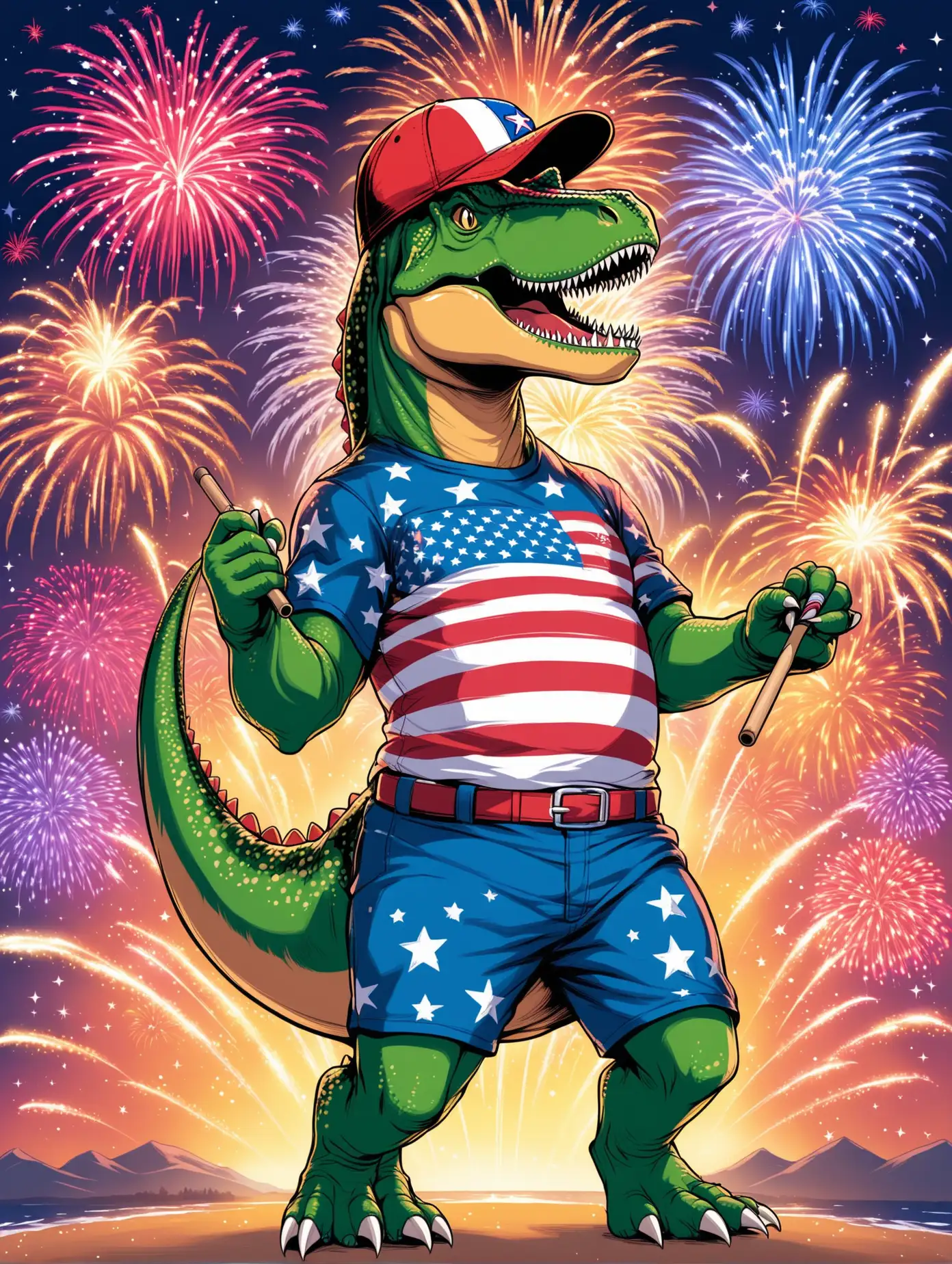 TRex Dinosaur in Patriotic Outfit Celebrating Fourth of July with Fireworks