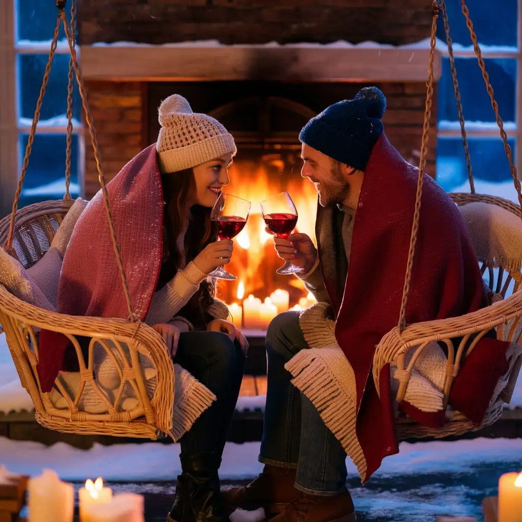 Зима, вечер, влюбленная пара, мужчина и женщина у камина, сидят в креслах качалках из лозы, пьют красное вино , вокруг горят свечи