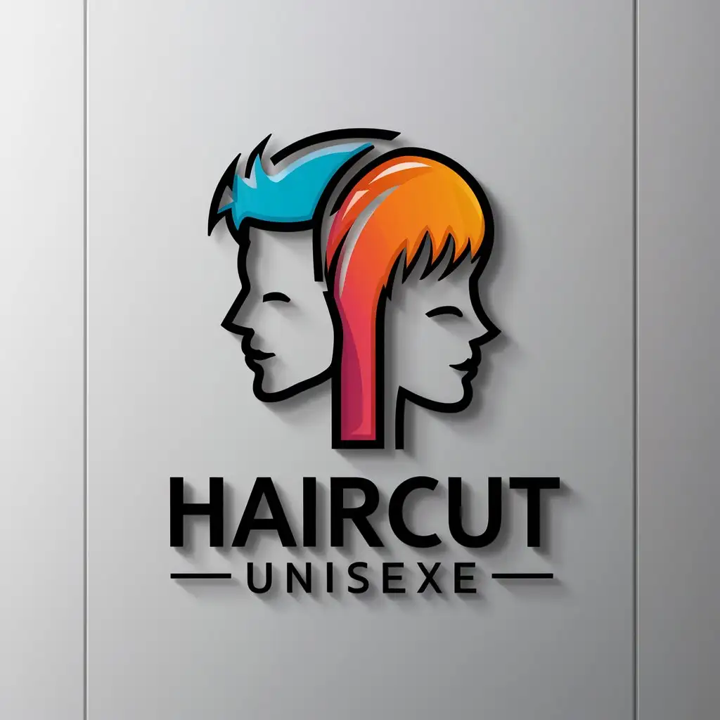 a logo design,with the text "Haircut Unisexe", main symbol:Colourful men and woman head haircuts,Moderate,clear background
