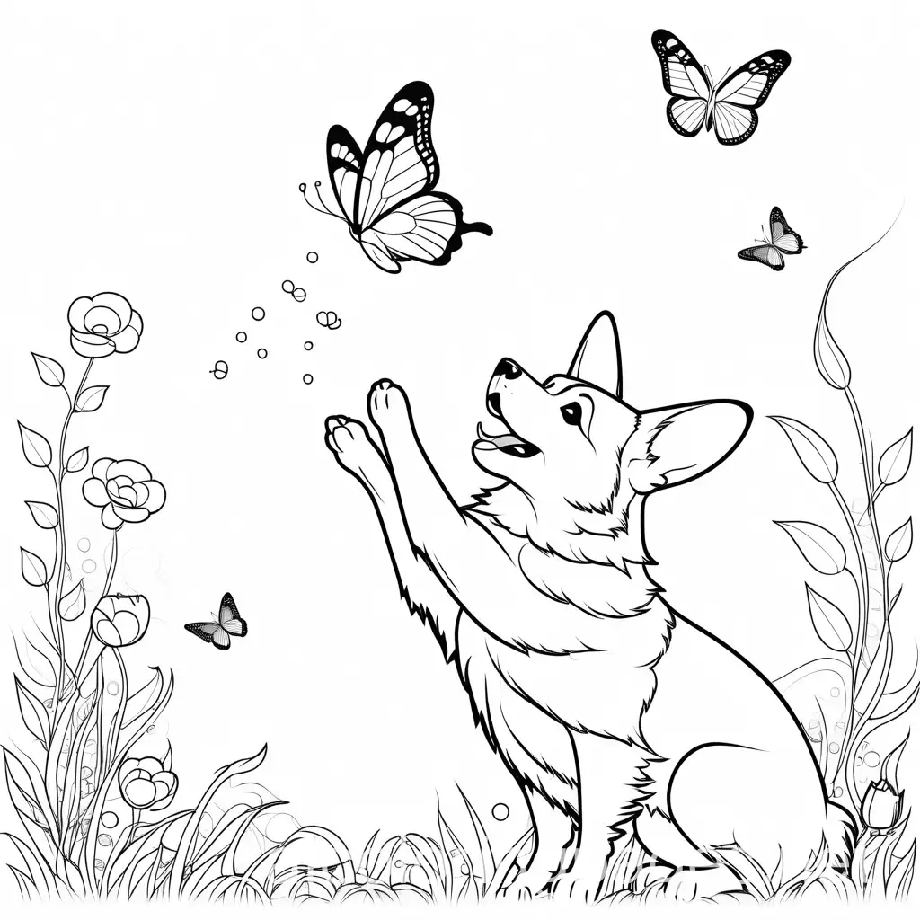 corgi catching a butterfly, Coloring Page, black and white, line art, white background, Simplicity, Ample White Space