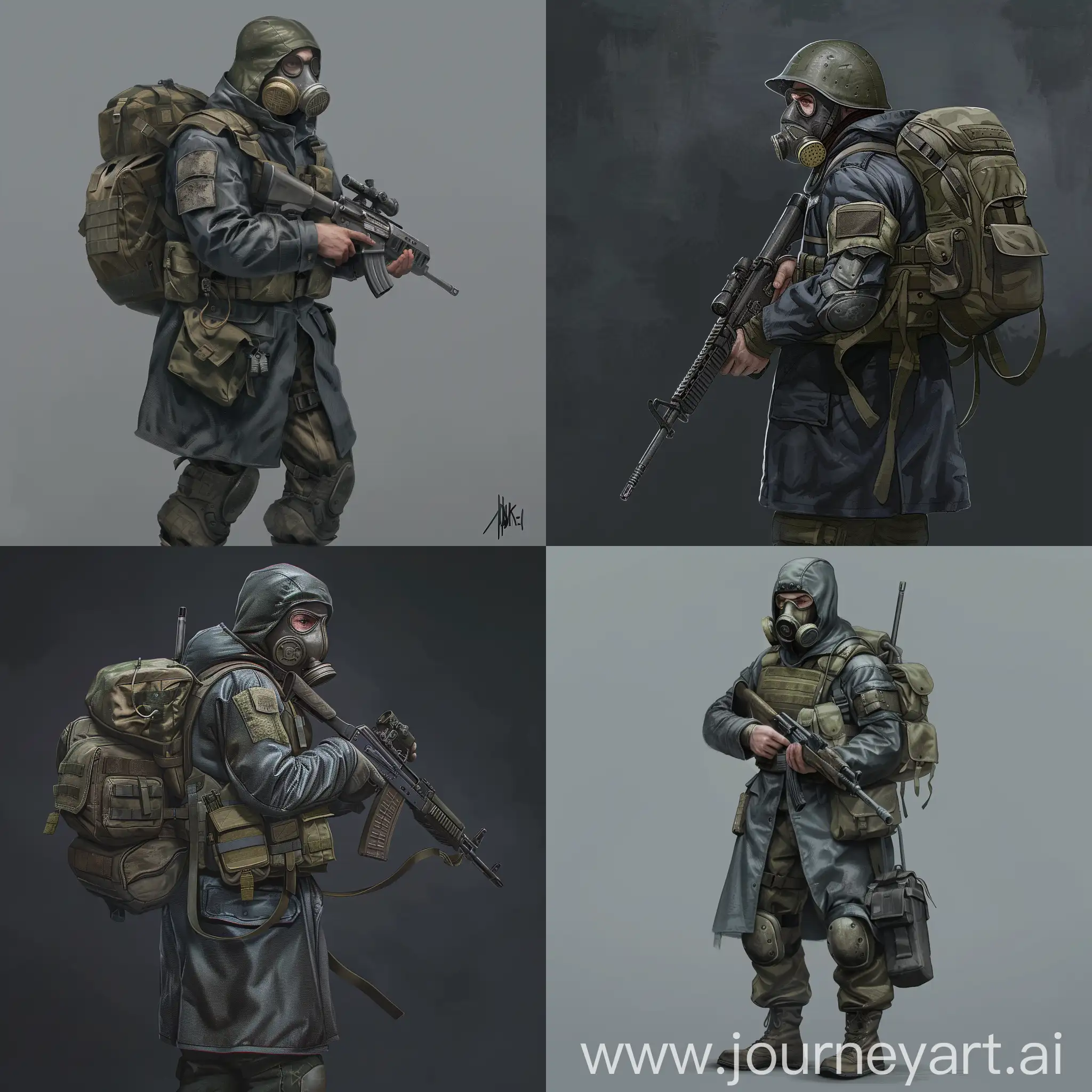 Digital character design, mercenary from the universe of S.T.A.L.K.E.R., dressed in a dark blue military raincoat, gray military armor on his body, a gasmask on his face, a military backpack on his back, a rifle in his hands.