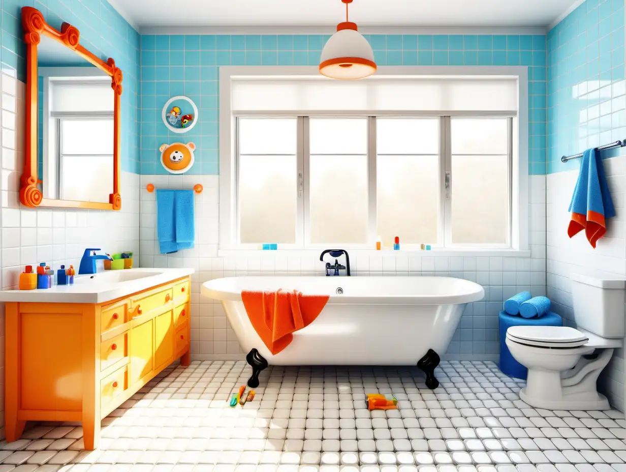 A bright and cheerful cartoon-style bathroom for little boys. The room has white tiles on the floor and white walls, a large bathtub, the bathtub is filled with water and bubbles, there's a mirror above a sink with two toothbrushes in a cup, and a towel hanging on the wall.
