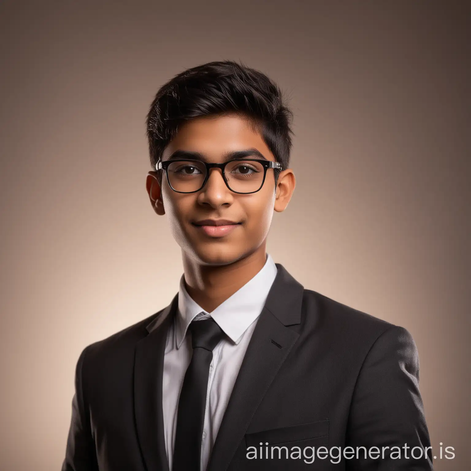 18 year old indian boy With fair skin Wearing spectacles and narrow body Posing for a linkedin picture in formalsformed light in background