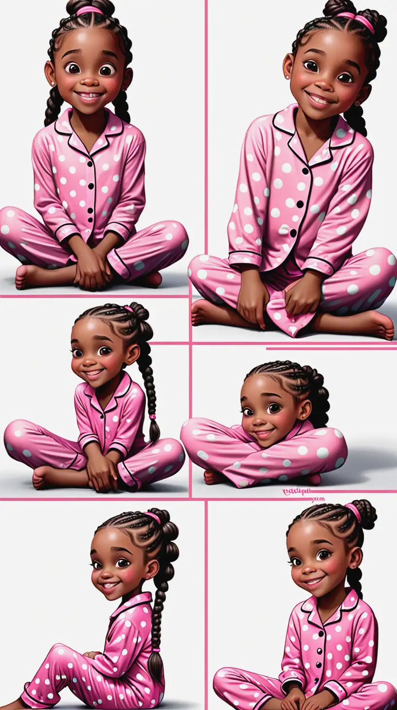 Cheerful African American Girl in Pink Polka Dot Pajamas Sitting Playfully