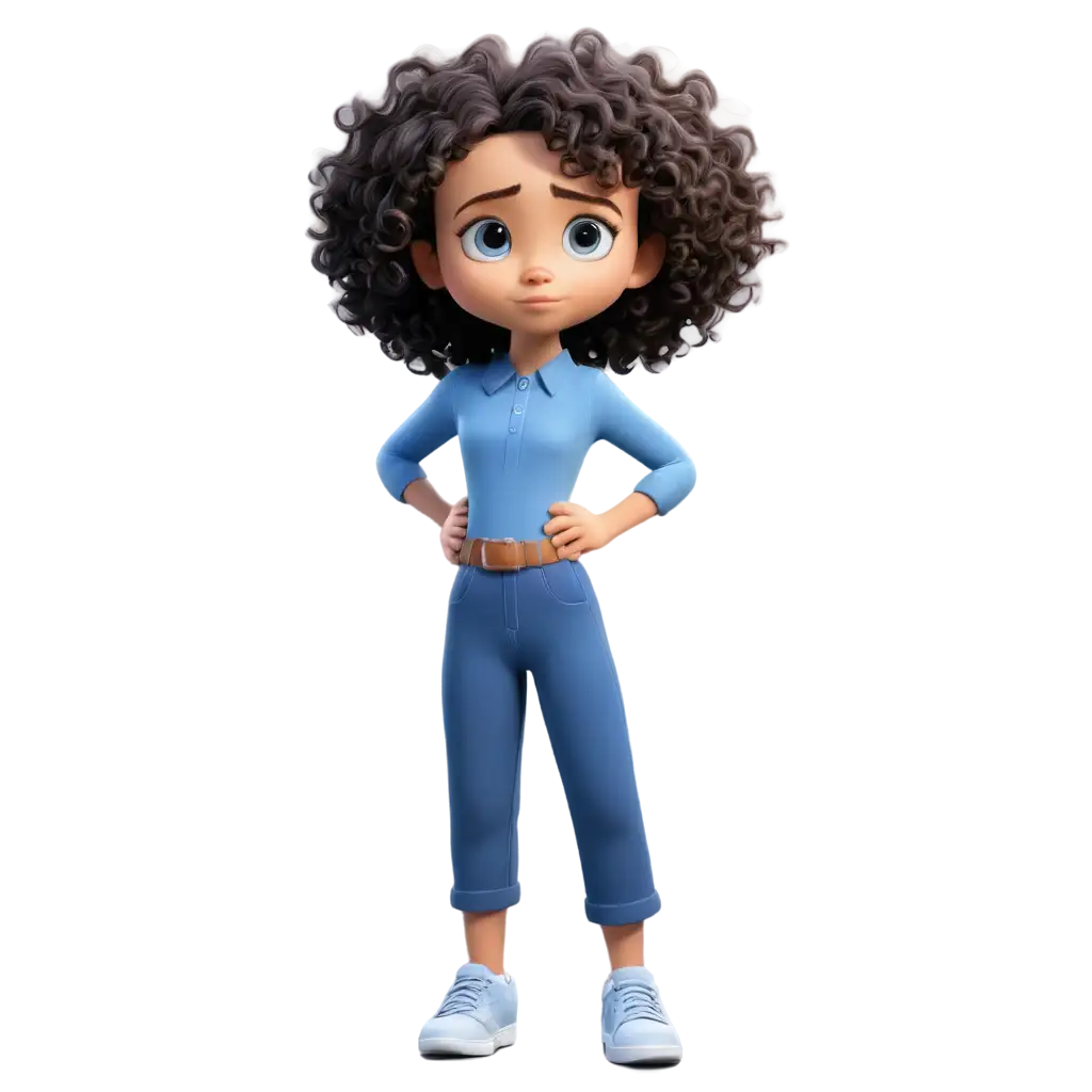 A Little girl with curly hair, with blue and white shoes, full sleeve blue shirt, full pant, sad mood, 3d, diseny pixar style, cartoon