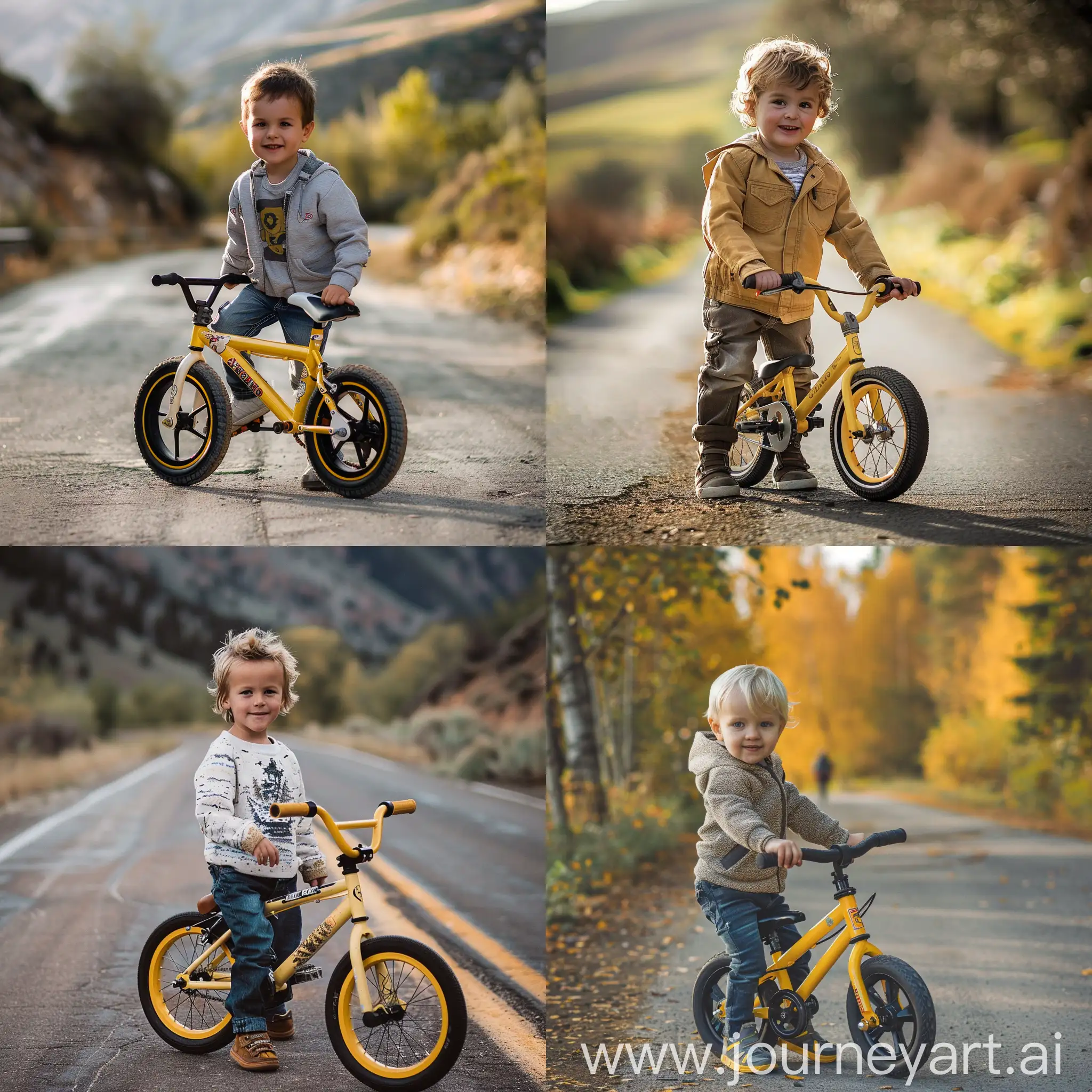 小男孩，黄色自行车，马路