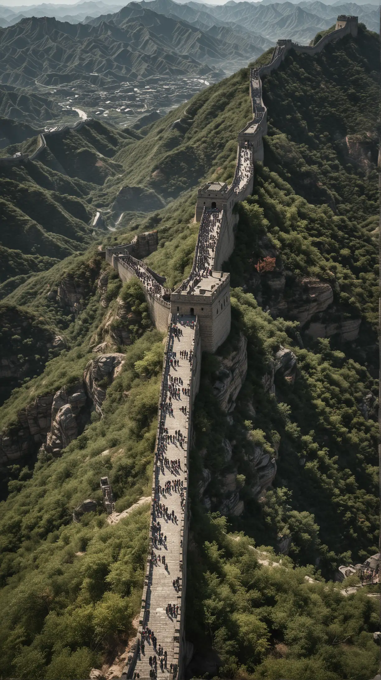 Overview of the Great Wall: Capture an expansive aerial view or panoramic shot showcasing a significant portion of the Great Wall, illustrating its vastness and strategic placement along rugged landscapes. Hyper realistic
