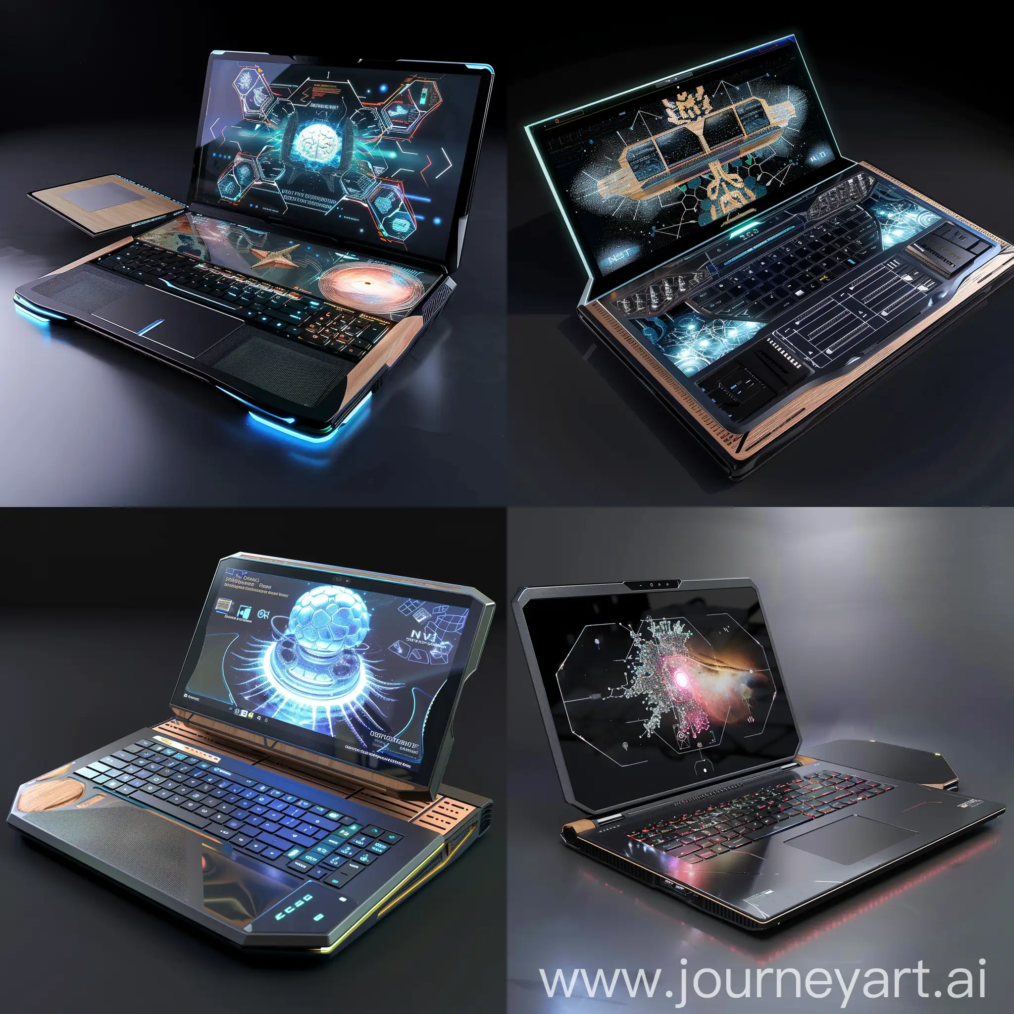 Futuristic laptop, in futuristic style, Quantum Processor, Graphene Cooling System, Neural Processing Unit (NPU), Quantum Dot Display, Holographic Projection Interface, DNA Data Storage, Optical Neural Interface, Room Temperature Superconductors, Self-repairing Materials, Biometric Authentication Integration, Flexible OLED Display, Transparent Touchpad/Keyboard, Lightweight Carbon Nanotube Chassis, Holographic Projection Hub, Modular Expansion Ports, Integrated Solar Panels, Dynamic E-Ink Cover, 360-Degree Rotating Hinge, Immersive Surround Sound System, Biometric Sensing Surfaces, Bamboo Fiber Chassis, Recycled Aluminum Alloy Frame, Bioplastic Keyboard, Organic Polymer Battery, Circuit Boards with Recycled Copper, Sustainable Display Materials, Biodegradable Thermal Interface Materials, Soy-Based Adhesives, Natural Fiber Packaging, Eco-Friendly Packaging Ink, Recycled Aluminum Alloy Body, Biodegradable Plastic Shell, Wooden Accents, Cork or Bamboo Trackpad, Recycled PET Fabric for Keyboard Cover, Natural Fiber Screen Bezels, Plant-Based Rubber Feet, Recyclable Metal Hinges, Eco-Friendly Screen Coating, Sustainable Packaging Materials, unreal engine 5 --stylize 1000