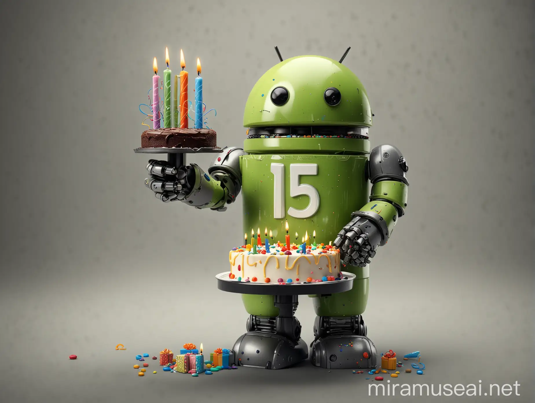 Android company logo robot holding a birthday cake with 15 candles
