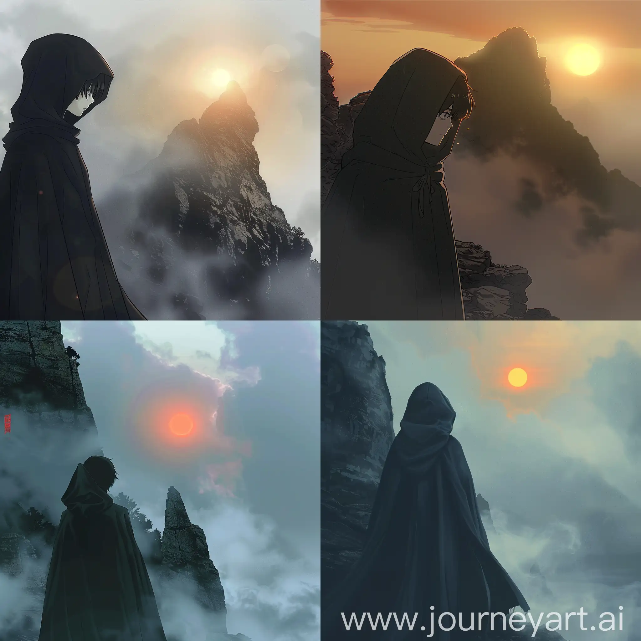 Стиль аниме. Мальчик одет в темный плащ с низко надвинутым капюшоном. Гора скалистая и окутана туманом. Вдали садится солнце.