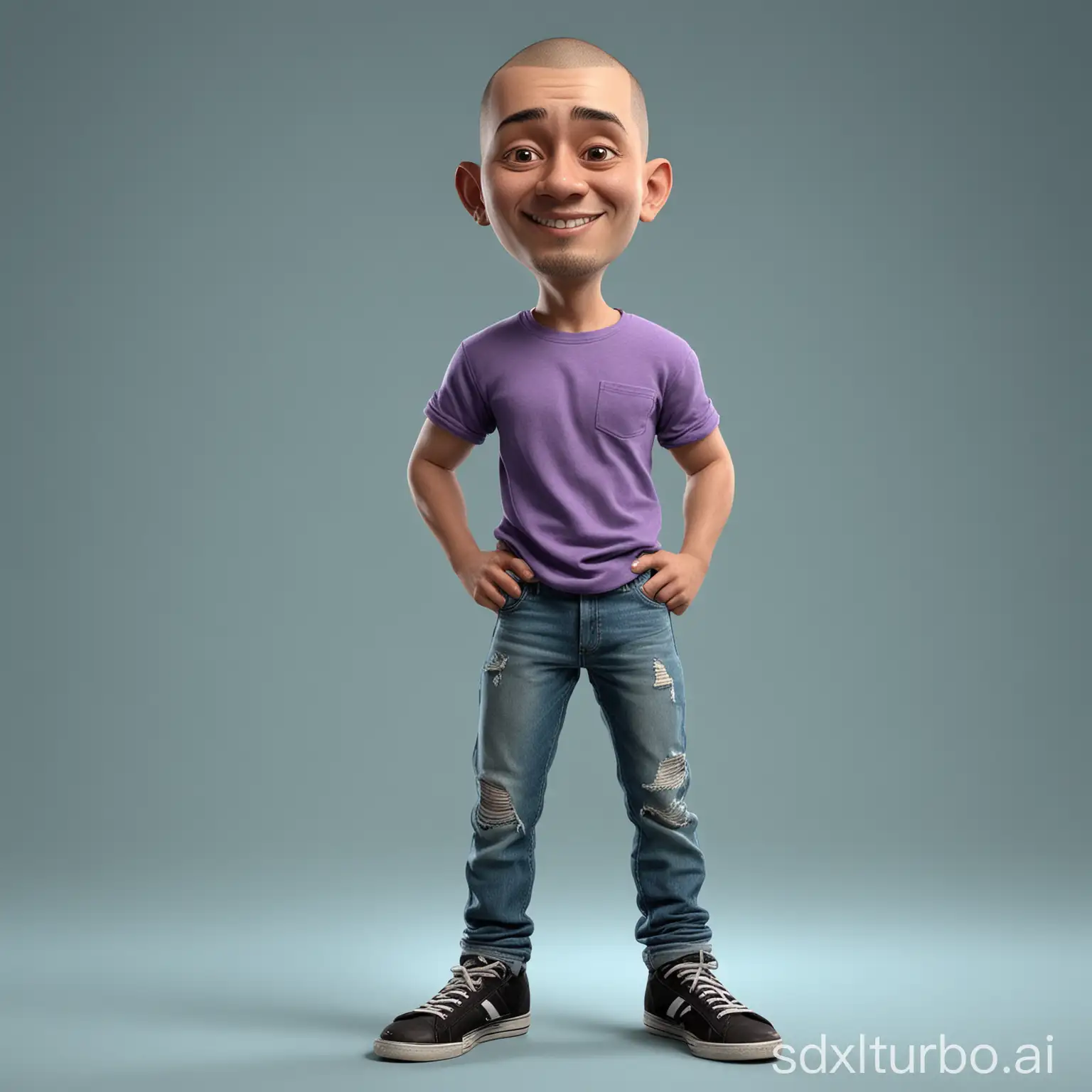 Create a realistic 3D caricature drawing of a full body with a large head. 40 year old male, Indonesian citizen. buzzcut hair. Oval face shape, sparkling eyes. faint smile, mouth slightly open, brown skin. wearing a purple t-shirt and saying "PRO-Ai". Worn and torn jeans. Head tilts left, tilts right. Cross arms hand pose, body position straight forward, gaze focused straight ahead. Black sneakers. the background is aqua blue. use soft photographic lighting, hair lighting, lighting from above, from the side. High image quality.HD,16k.