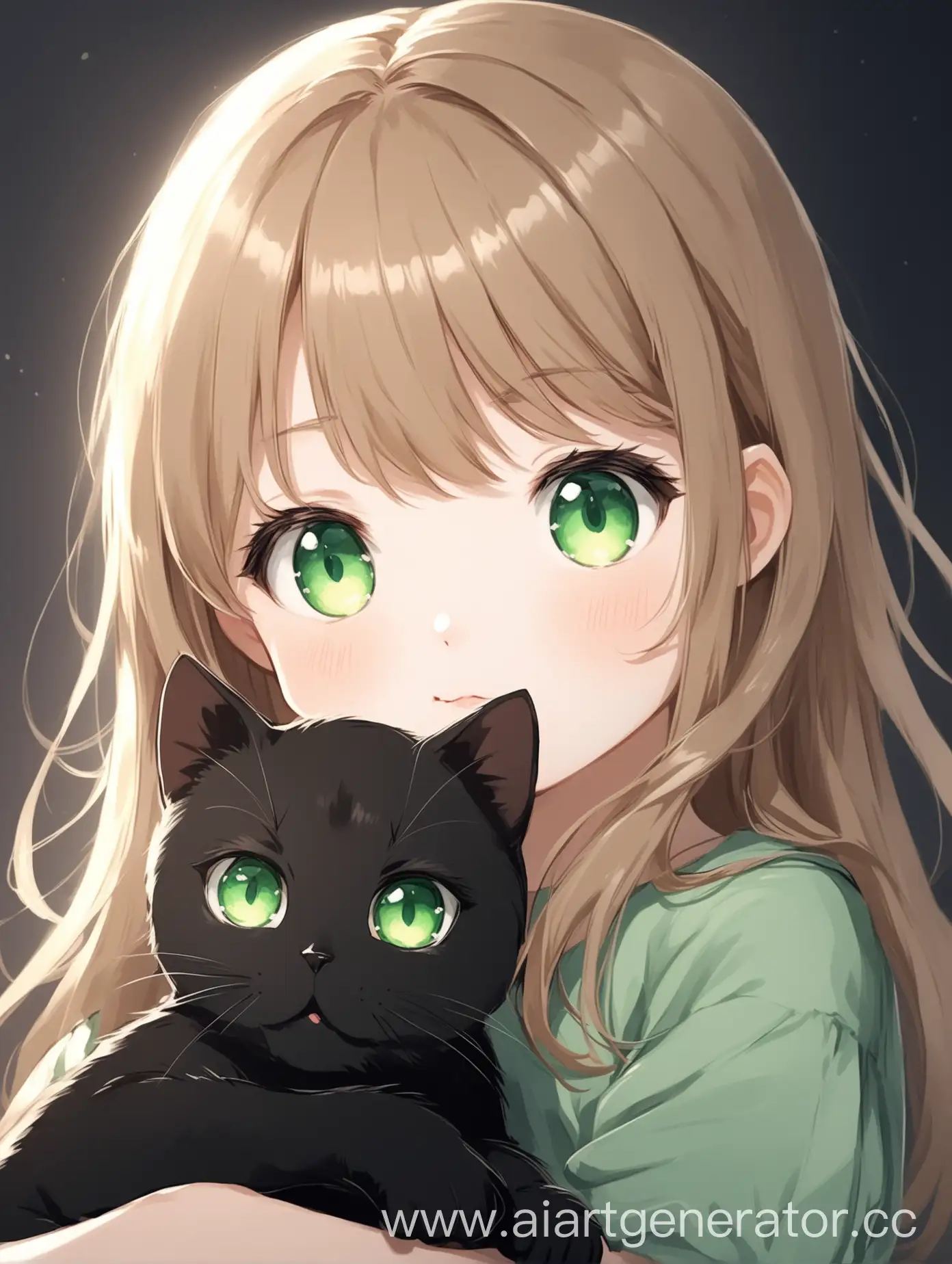 молодая девушка, светло-коричневые волосы, зеленые глаза, с черным котом в обнимку, милая
