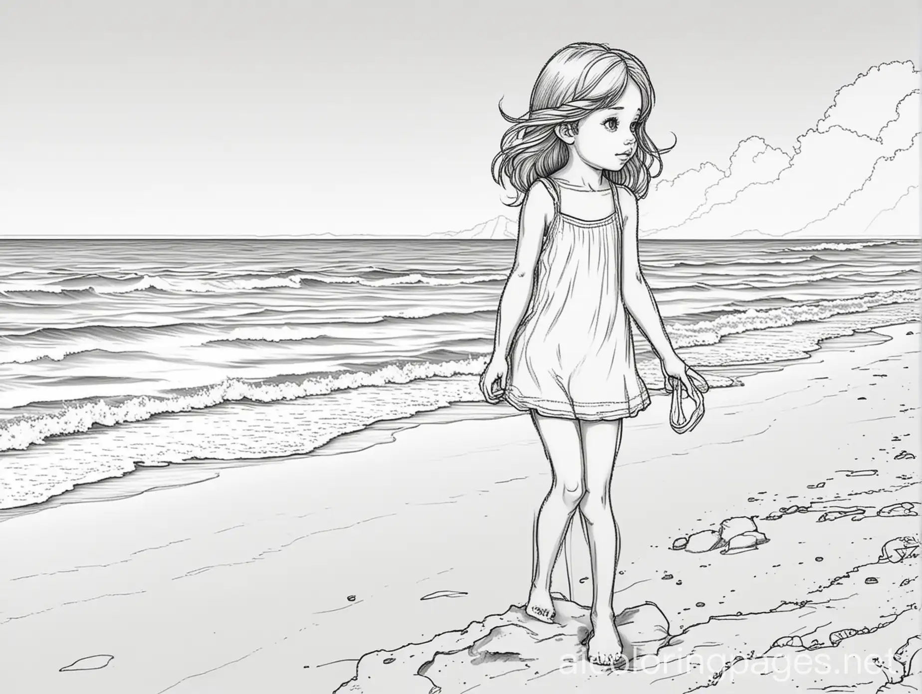 girl on beach, Coloring Page, black and white, line art, white background, Simplicity, Ample White Space. The background of the coloring page is plain white to make it easy for young children to color within the lines. The outlines of all the subjects are easy to distinguish, making it simple for kids to color without too much difficulty
