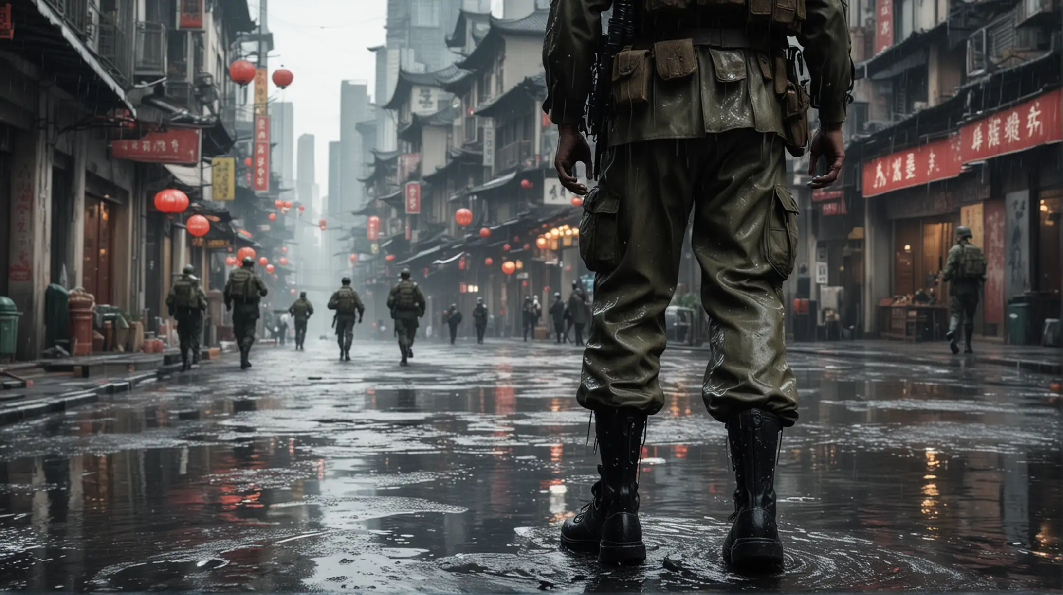 Soldiers First Person View of Squad Walking in Wet Shanghai Street