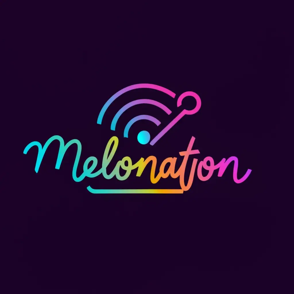 a logo design,with the text "MeloMation", main symbol:melody notes, tuning, microphone, vibes, neon rainbow rich colors.,Moderate,be used in Entertainment industry,clear background